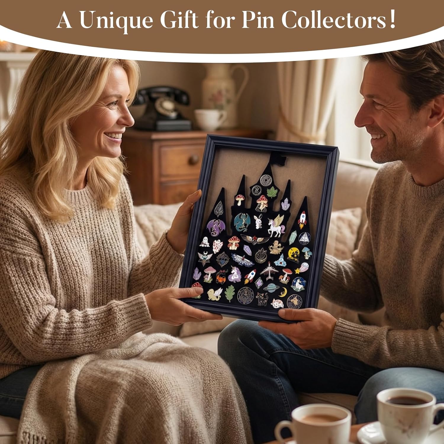 Castle Pin Display Frame,Wooden Pin Board,Wall Mount or Tabletop Display Case for Pins,Pin Collection Display, Pin Holder,14.3 x 12 in,Black