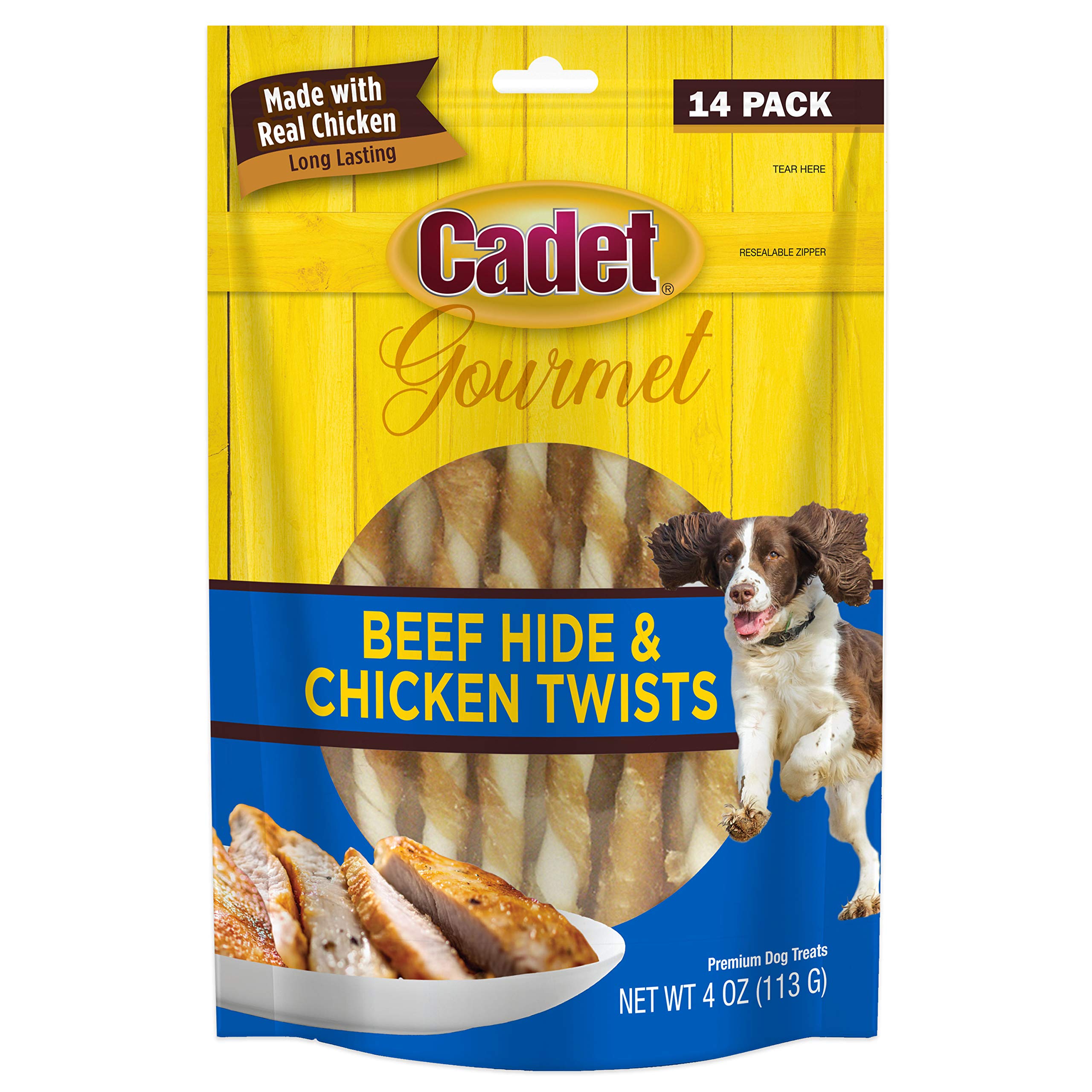 Cadet Gourmet Beef Hide Twist Chew Sticks, Long Lasting & Natural Chew Treats for Dogs, Inspected & Tested in USA, Chicken Flavor (14 Count)