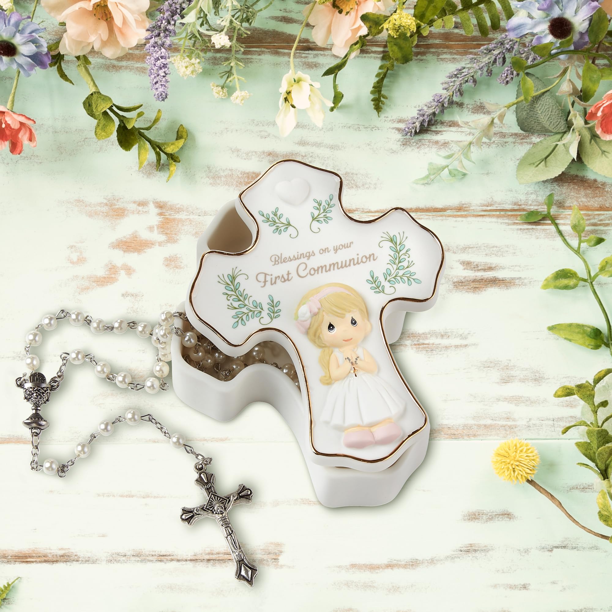 Precious Moments Blessings On Your First Communion, Bisque Porcelain Rosary Box with Rosary, First Communion Gift for Girls, Religious Keepsake for Catholic and Christian Faith