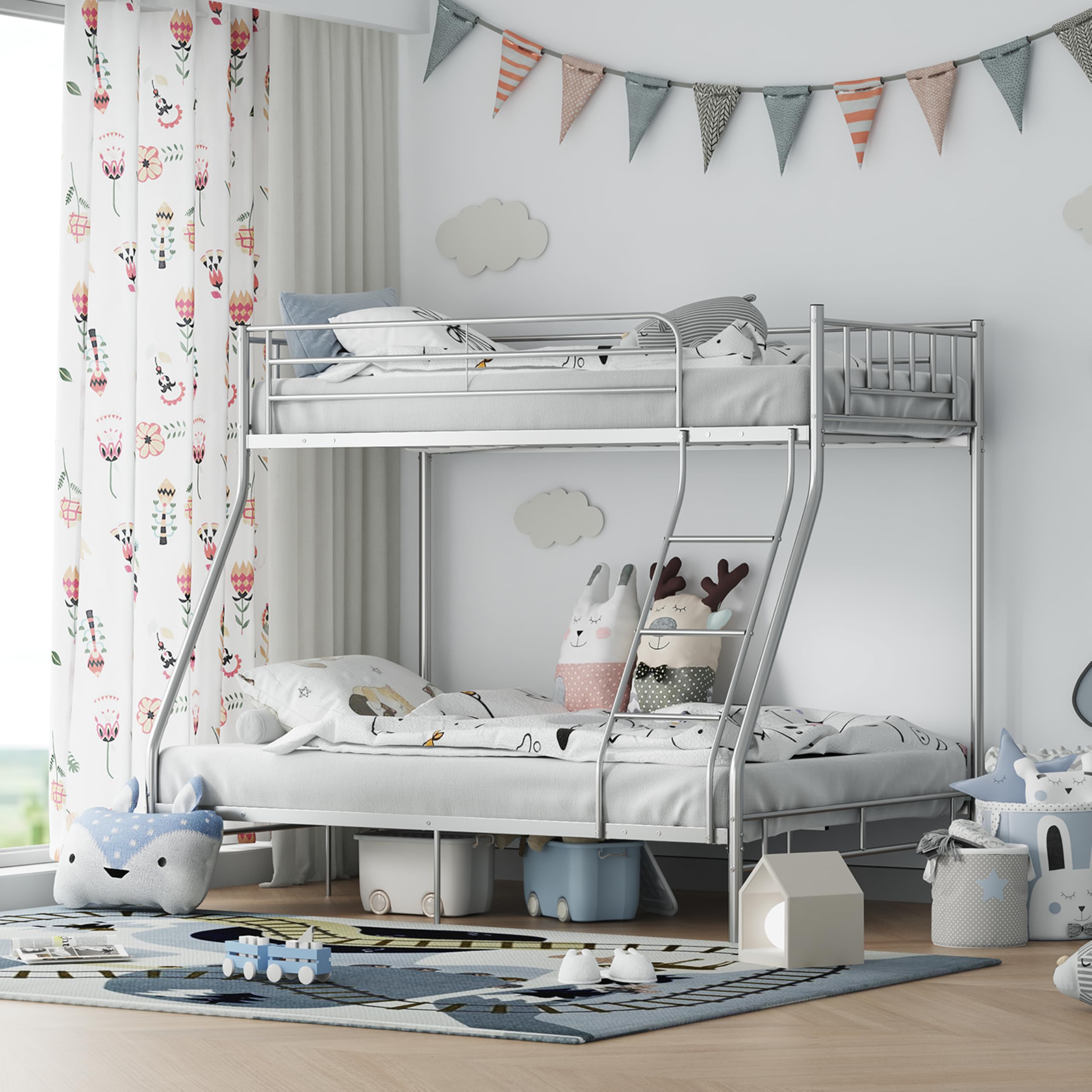 XINBEDEU Triple Bunk Bed Frame for Kids & Adults, Sturdy Metal Bunk Bed 3ft Single Over 4ft6 Double, White Metal Frame with Safety Rail for Children & Teenagers, Space-Saving Design (Silver, Double)