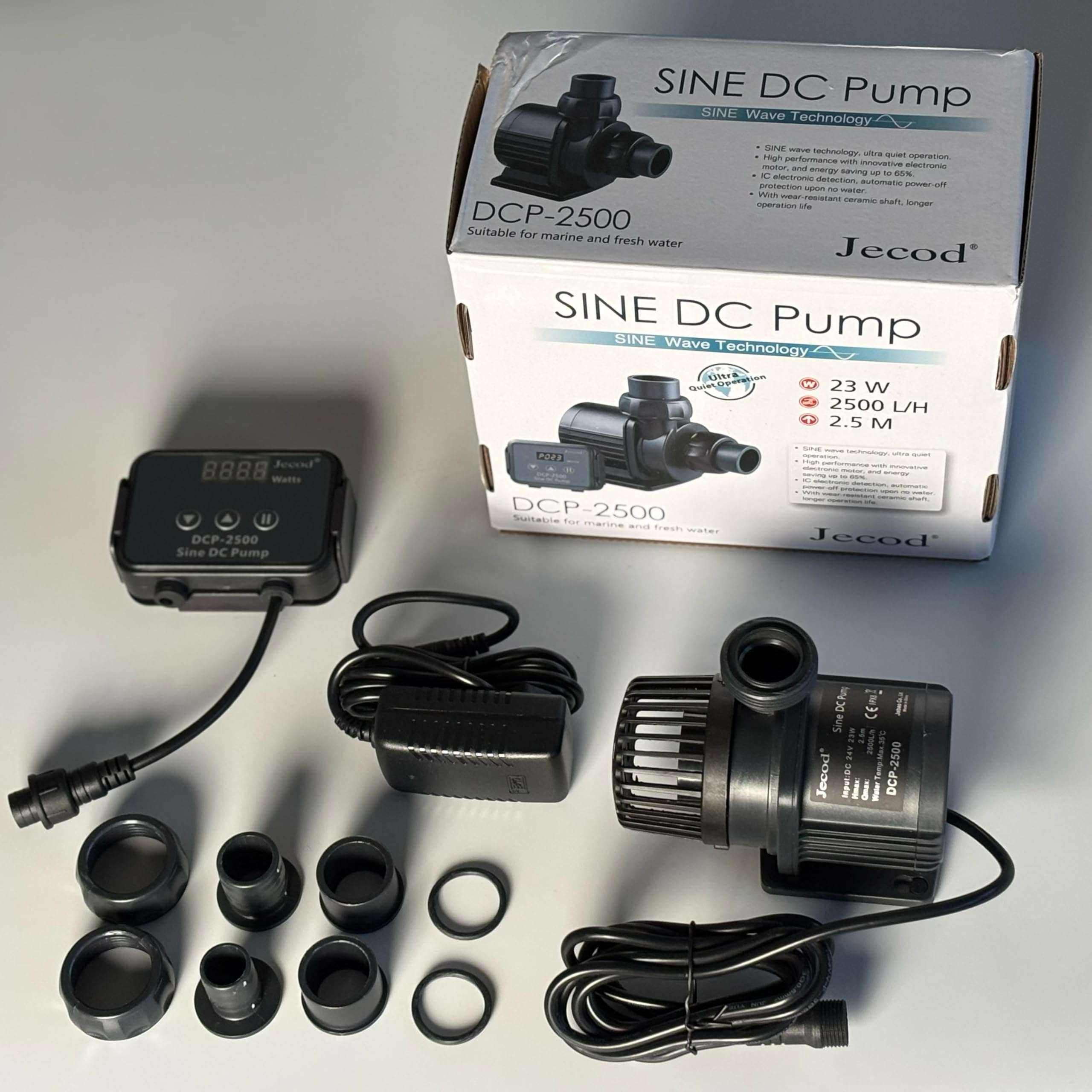 Bomba de circulación Jebao DCP-2500 – 2500 L/h, 24 V 23 W, controlador digital, función Feed, silenciosa para acuario y estanque agua dulce/salada