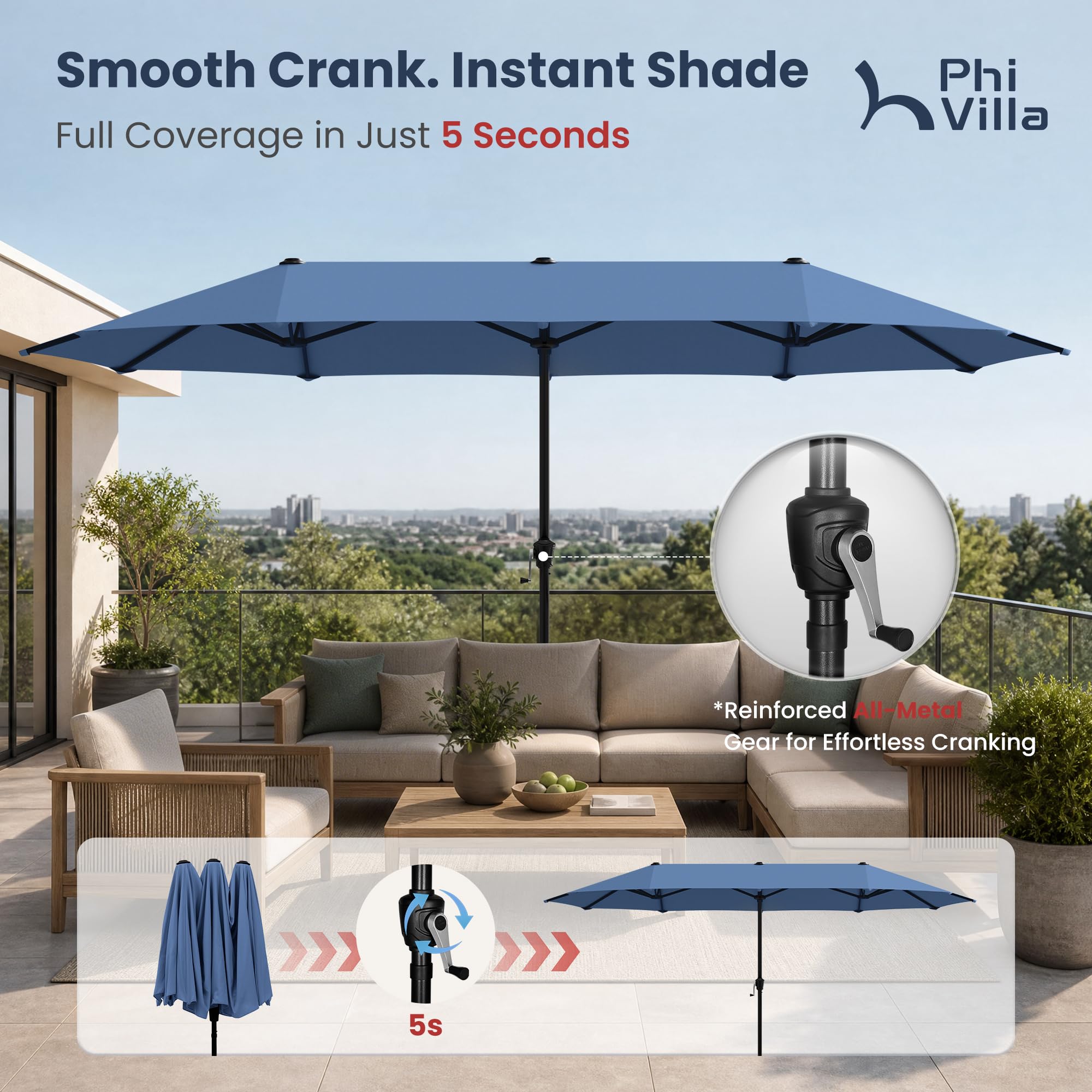 PHI VILLA 13f Outdoor Patio Double-Sided Umbrella, Rectangle, Haze Blue