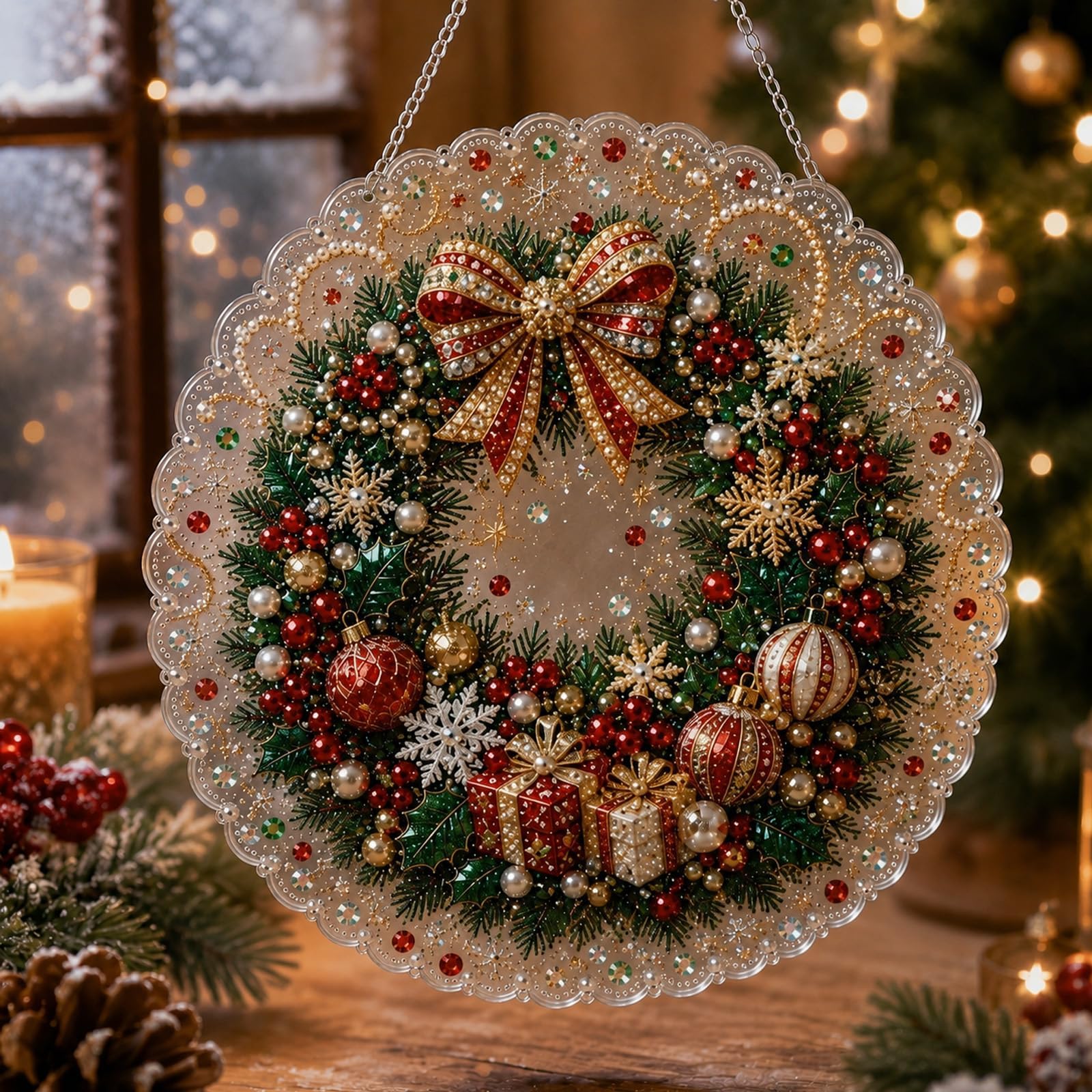 Christmas Pearl Diamond Painting Suncatcher Kit, DIY Craft | Pre-Assembled Metal Chain, Acrylic Round Board with Lace Edge, 3D Mixed-Sized Pearl Beads Craft for Festive Window Wall Decor，B：25CM