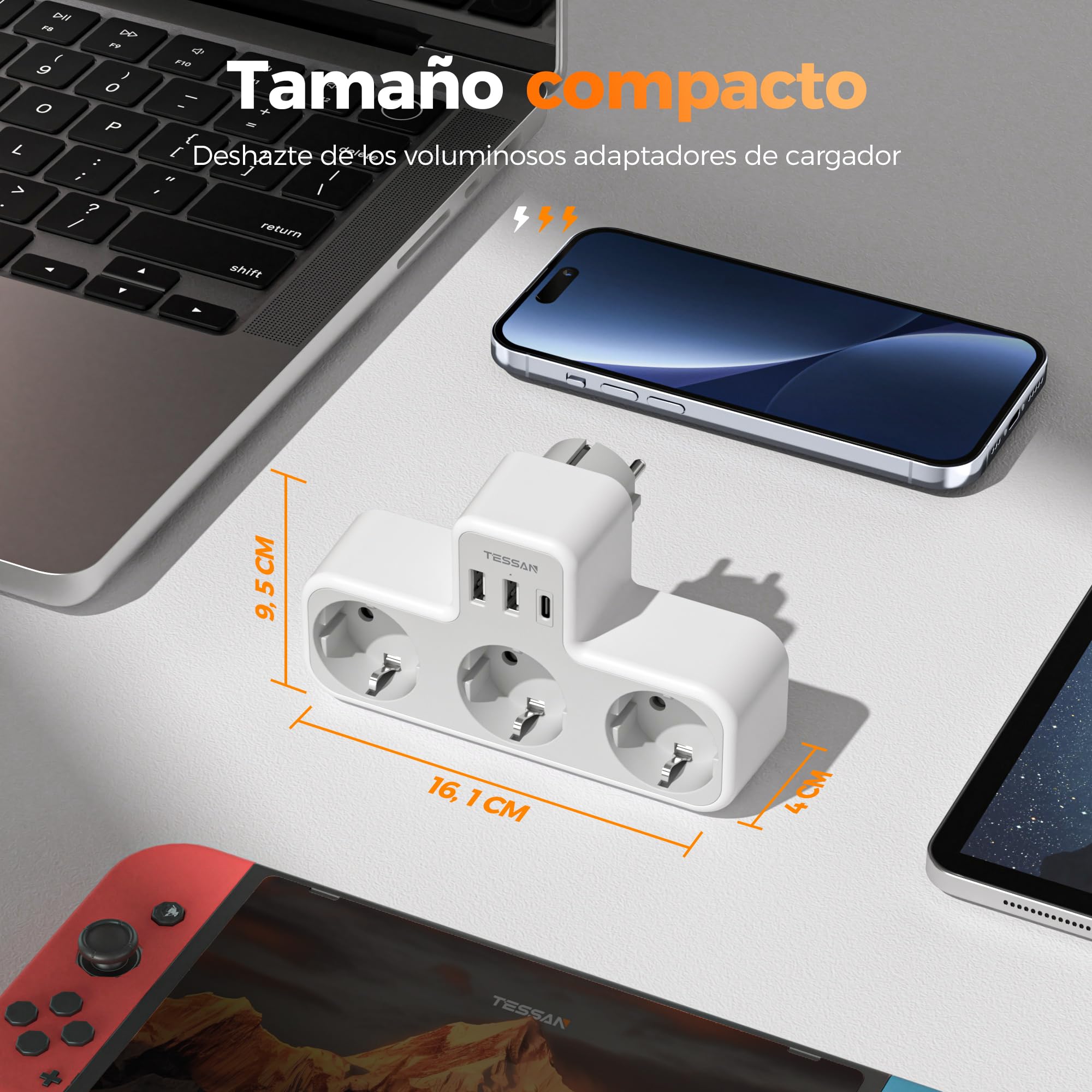 TESSAN Ladron Enchufes Plano con USB C, 6 en 1 Ladrón Enchufes Multiples USB, Triple Cargador Multiple 3600W, Regleta Pared para Oficina, Cocina, Compatible con Móviles, Blanco y Gris