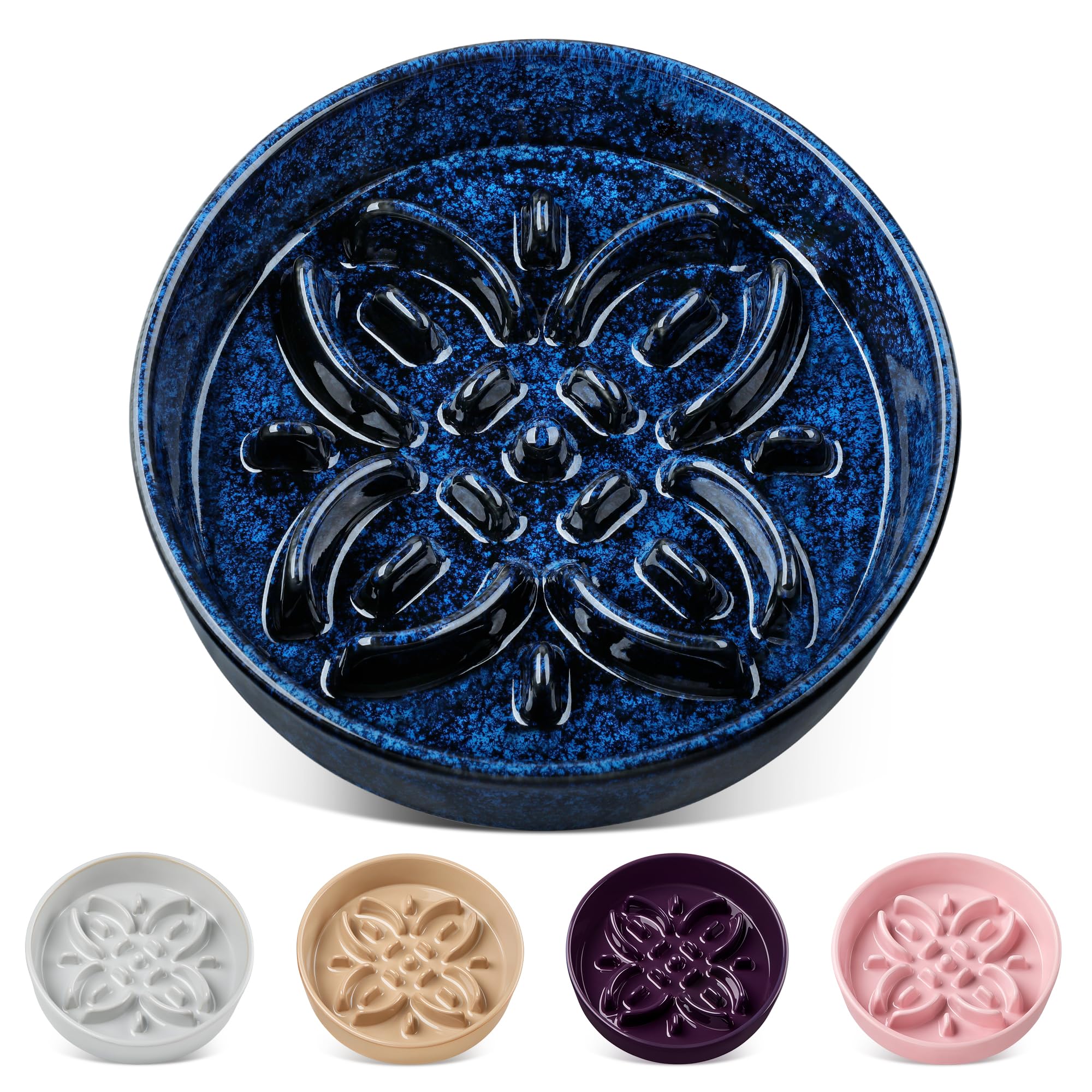 vancasso Ceramic Slow Feeder Dog Bowls, Puzzle Dog Food Bowls with Floral Maze, Anti -Slip Pet Food Dish for Small Breed, 1.5 Cups, Blue