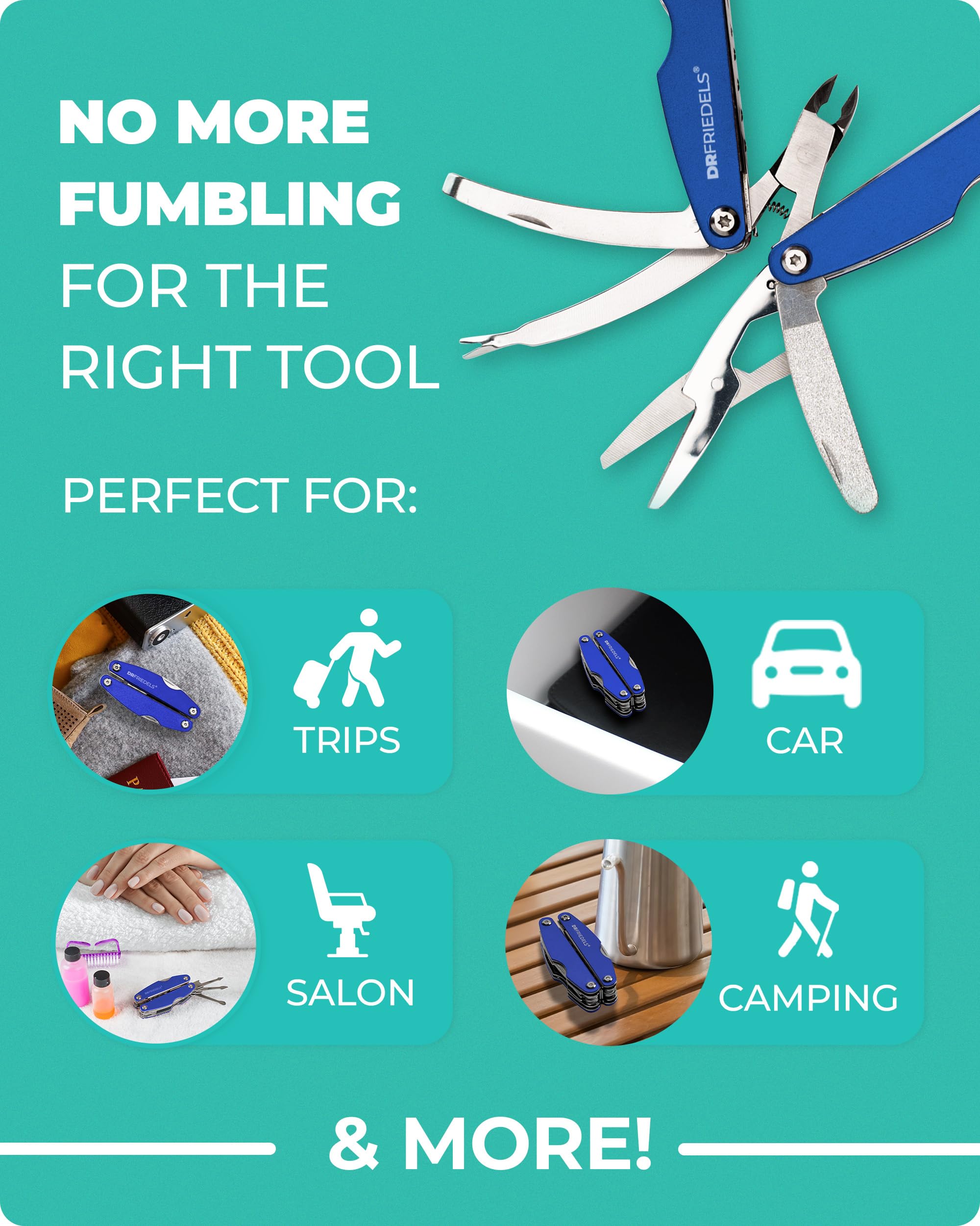 Juego compacto de manicura y pedicura, kit de uñas plegable 9 en 1, ideal para viajes, senderismo y multiherramienta EDC (azul paracaidista)