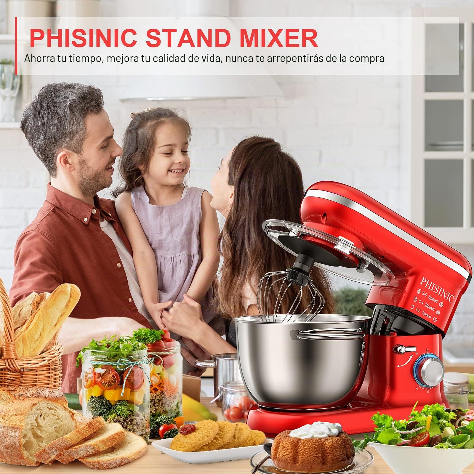 PHISINIC Batidora Amasadora 1500W, Amasadora de Pan Para Repostería, 5.5L Robot de Cocina Amasador, Bajo Ruido, Potente y Profesional, 6 Velocidades con Pulso, Bol de Acero Inoxidable, Rojo