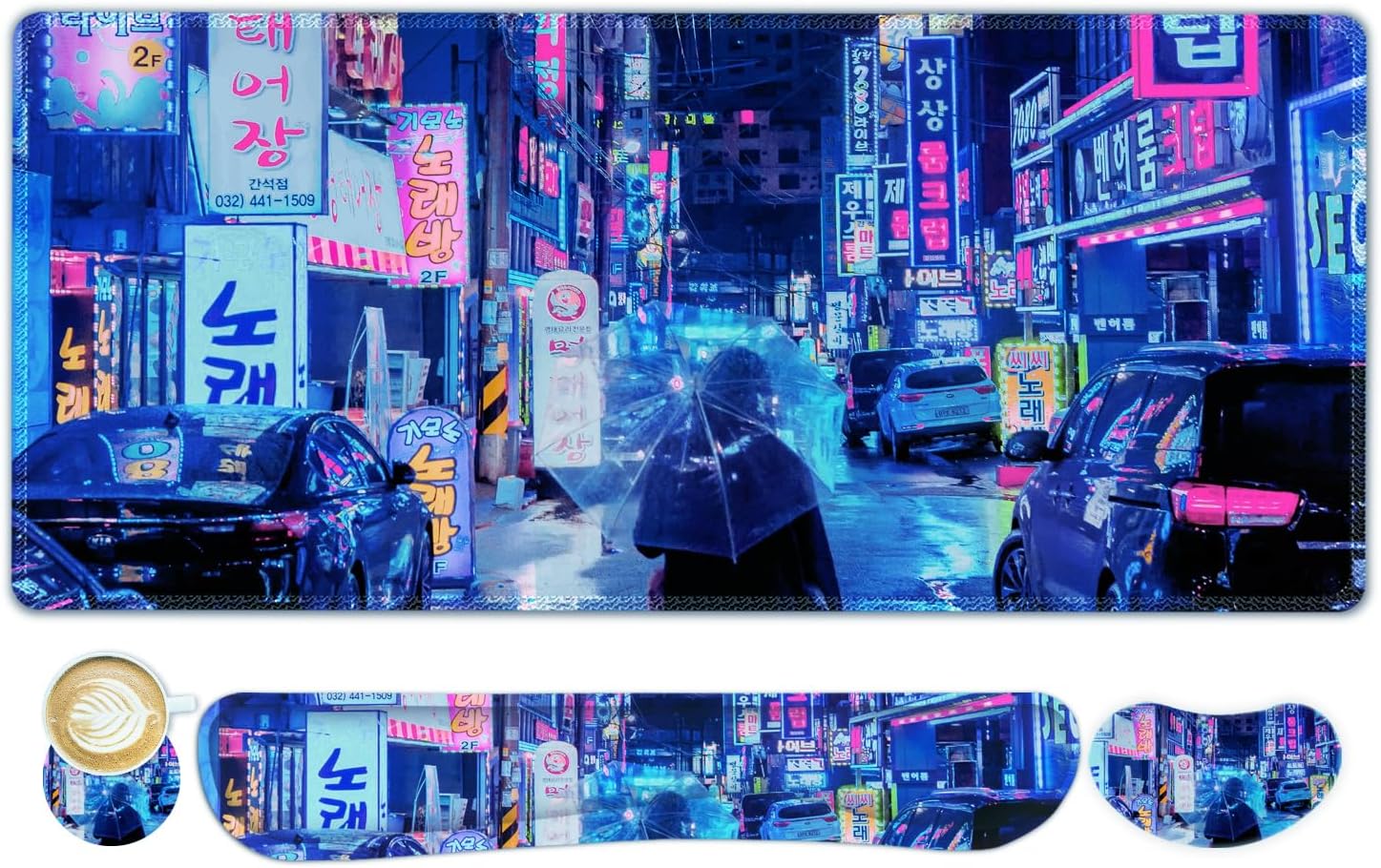 Large Gaming Mouse Pad Set, 4 in 1 Extended Keyboard Desk Mat with Wrist Rest, Computer Game Mousepad, Non-Slip Desk Pad Protector Easy Typing Pain Relief for Home Office I Anime Neon Street