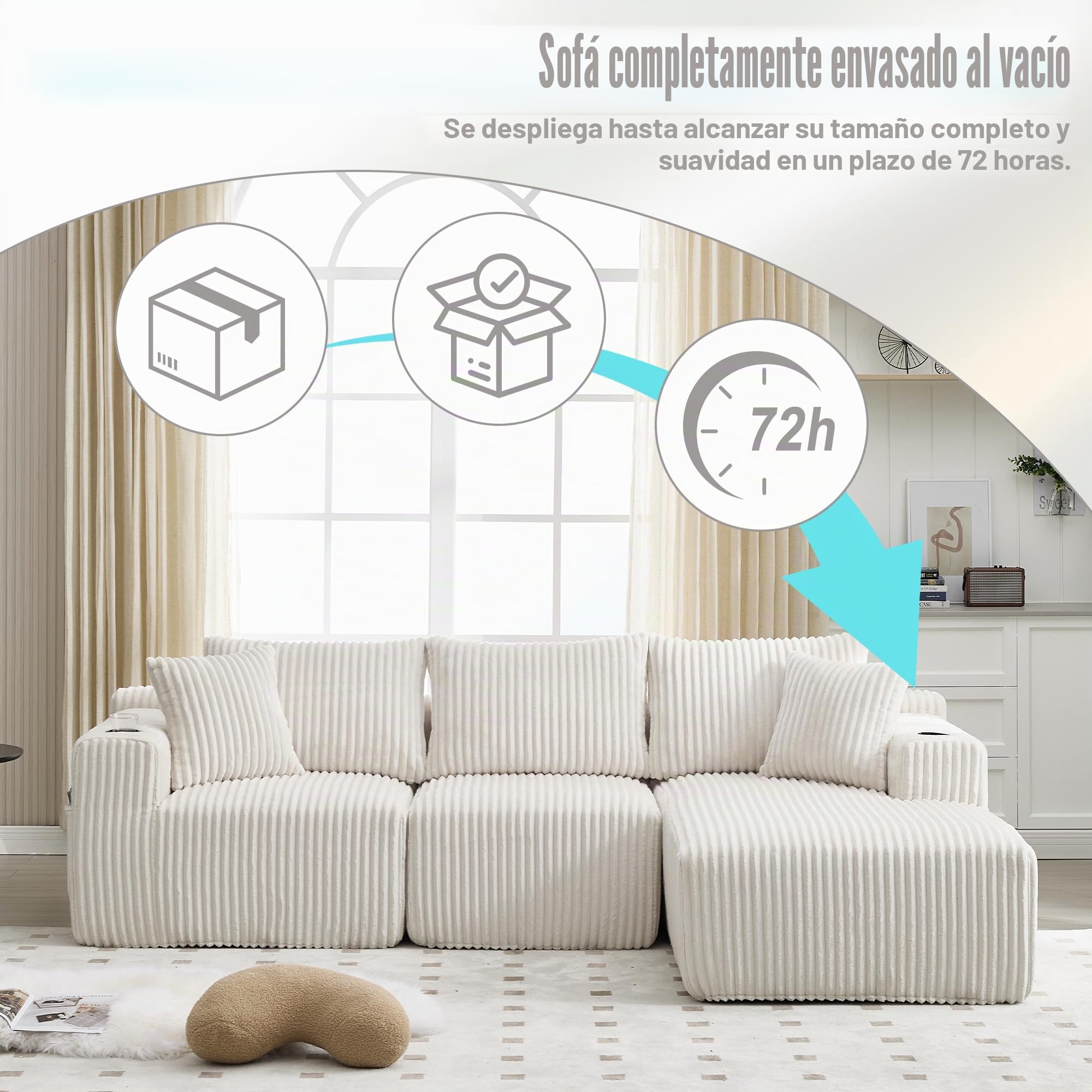 Sofá modular con chaise longue y 2 plazas, suave tapizado de terciopelo con 5 cojines, bolsillos laterales, portavasos, espuma de alta densidad, combinación DIY, para salón, apartamento