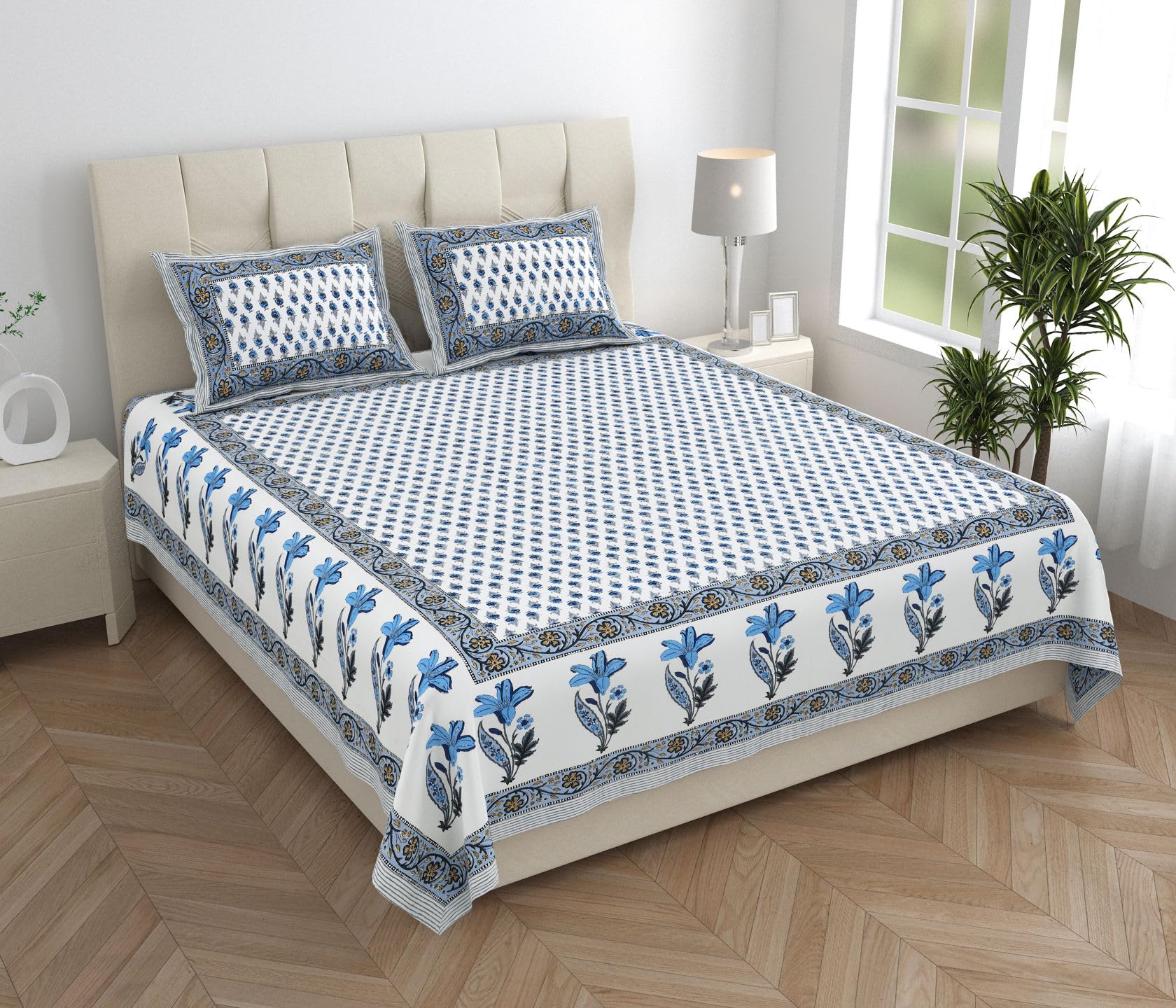 Urban Jaipur 100% Cotton Queen Size Bedsheet for Double Bed (90 x 108 Inches) | 210 TC Bed Sheet Double Bed Cotton | Floral Print (White, Grey, Blue) (B0DDLB55WL) Amazon Price History, Amazon Price Tracker