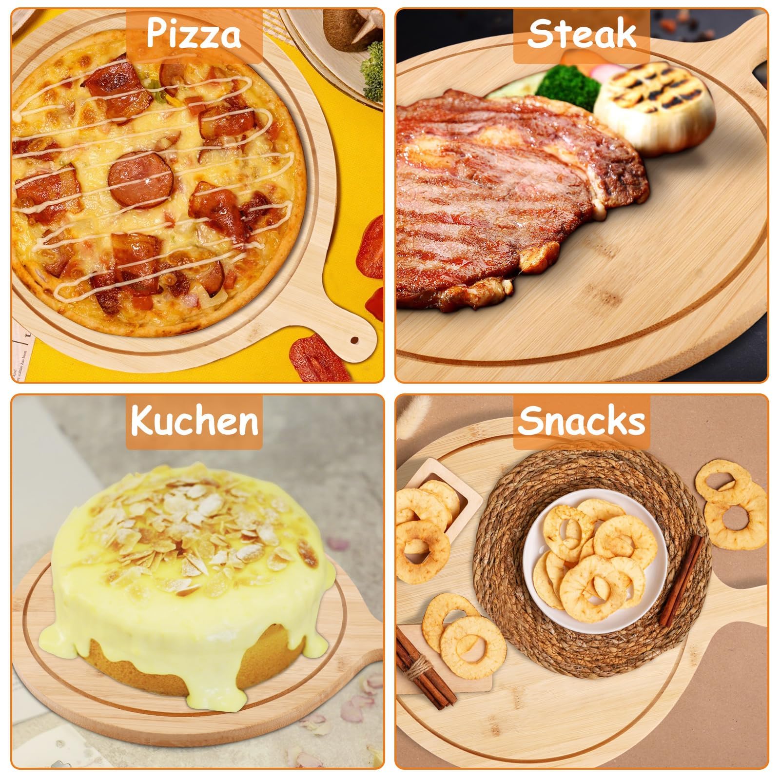 Lot de 3 Planche a Pizza en Bambou 33 cm, Plateau Pizza Rond avec Poignée Intégrée, Assiette Pizza en Bois Naturel pour Découpe, Service et Fromage