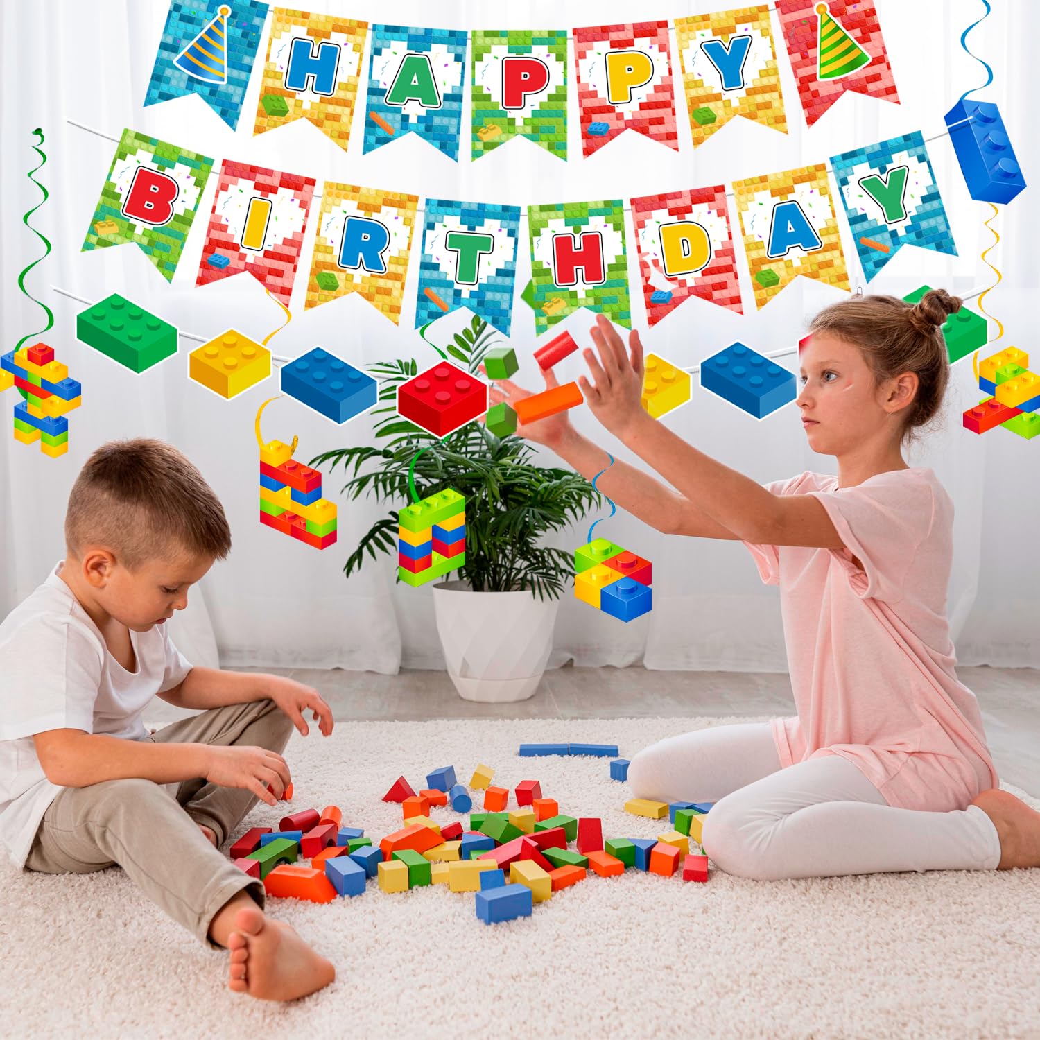 Building Block Party Decorations Banner Swirls, 7 Pcs Building Blocks Hanging Swirls Decoration - Image 3