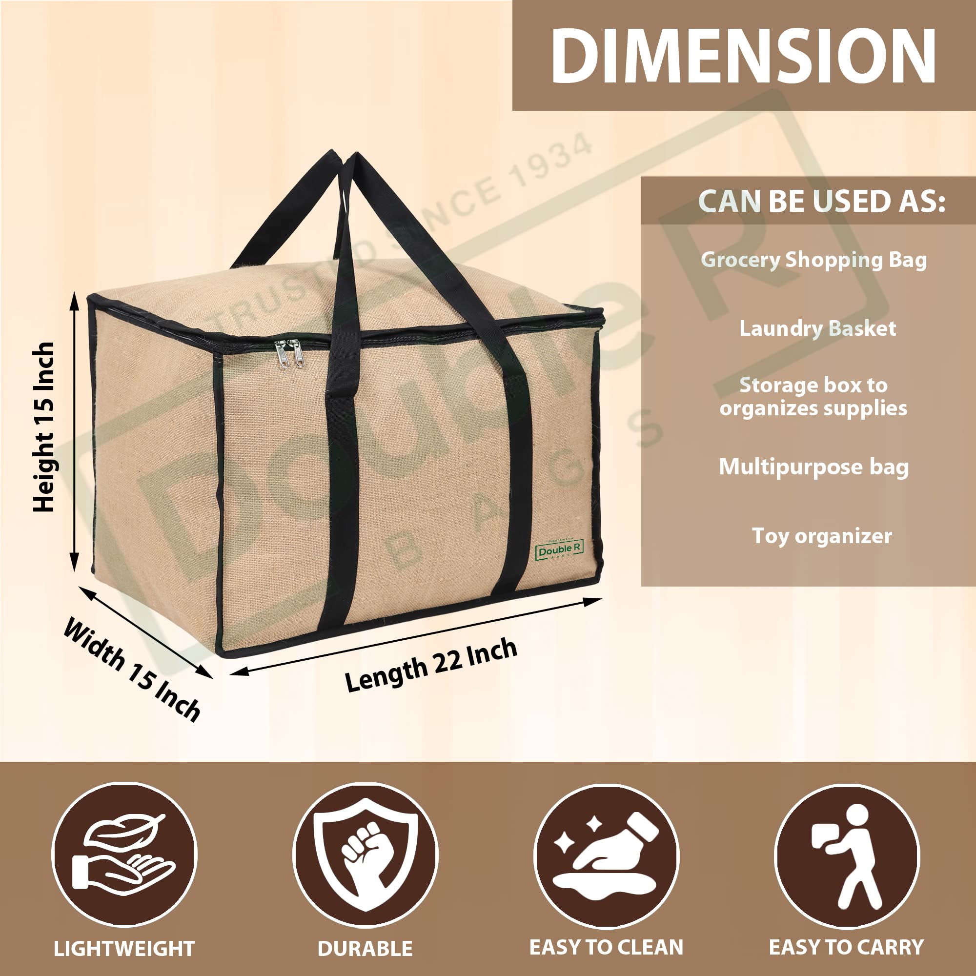 Double R Bags Large Jute Storage Bag for Clothes, Toys, Bedding & Blankets – 70L, 1 Compartment, Moisture-Proof Organizer with Zip & Handle (55.5x38x38 cm, Beige, Pack of 1) 2