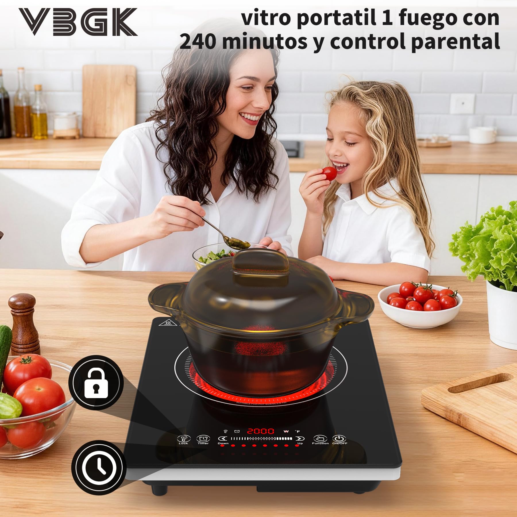 VBGK vitro portatil 1 fuego，220V 2000W placa vitroceramica con control táctil LED, 10 niveles de potencia, temporizador de 4 horas, bloqueo de seguridad y protección contra sobrecalentamiento.