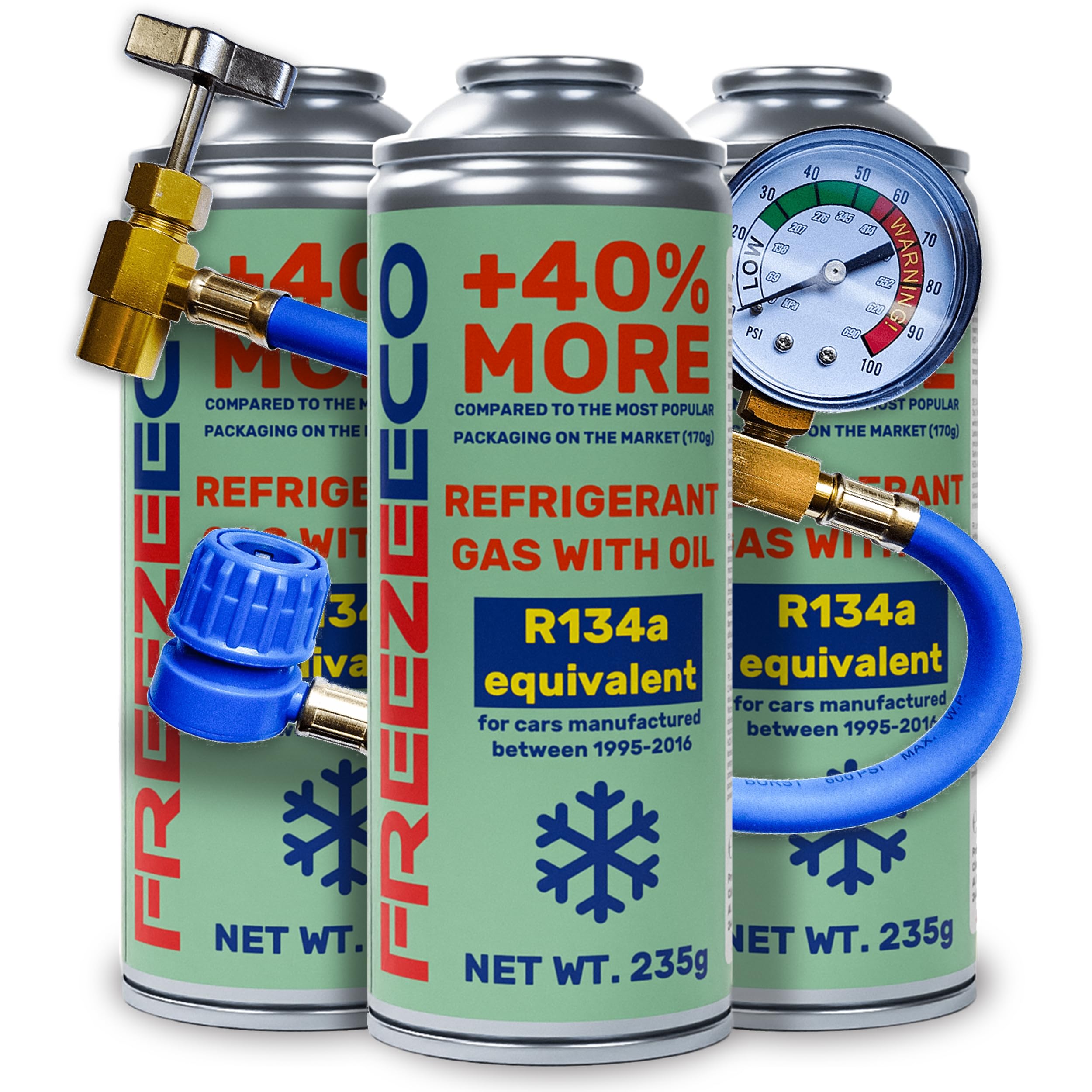 FREEZECO R134a Lot de 3 boîtes de réfrigérant de rechange 2 en 1 pour voiture 1995-2016, 235 g + tuyau de pression avec manomètre