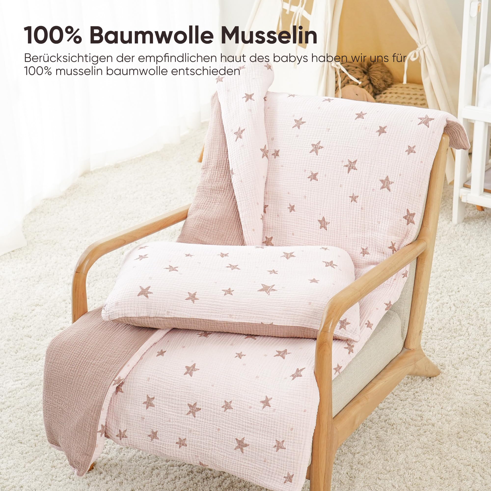 Susurration Ropa de Cama Infantil de Muselina, 100 x 135 cm, Funda de Almohada de 40 x 60cm, 100% de Algodón, Ligera y Cómoda, Juego de Ropa de Cama para Bebés y Niños(Estrellas Rosas)