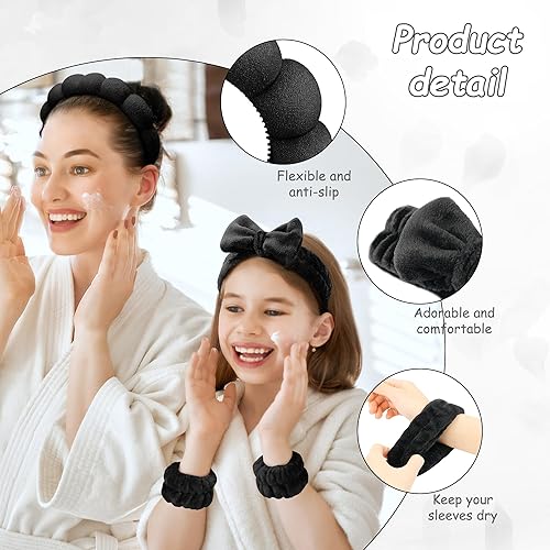 Miniatura 3 de Lanfixilly Diadema de spa para lavar la cara, juego de diademas y muñequeras para el cuidado de la piel, diadema de maquillaje de tela de rizo,