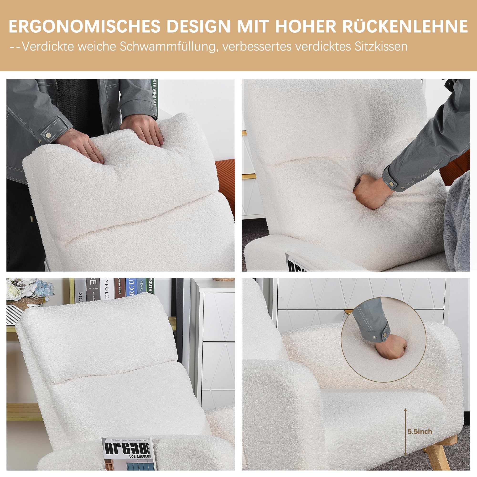Mecedora tapizada con respaldo alto, sillón reclinable con patas de madera y bolsillo lateral, sillón reclinable de lactancia, blanco (blanco, 96 x 70 x 75 cm)