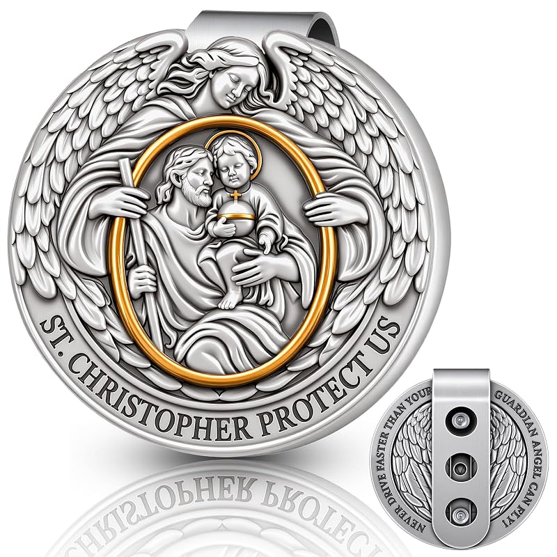 Medalha de São Cristóvão e Anjo da Guarda para Clipe de Para-Sol Automotivo RYYOF, Dupla Face, Dourado Antigo