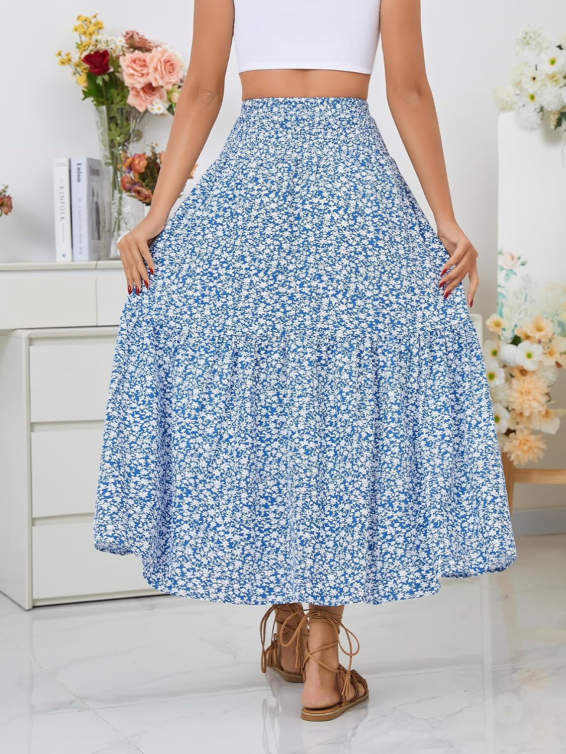Women's Boho Maxi Skirt Floral Smocked High Waist Long Skirts with Pockets | Trendy casual flowy long skirt with floral print, featuring a ruffle swing for beach vacation
