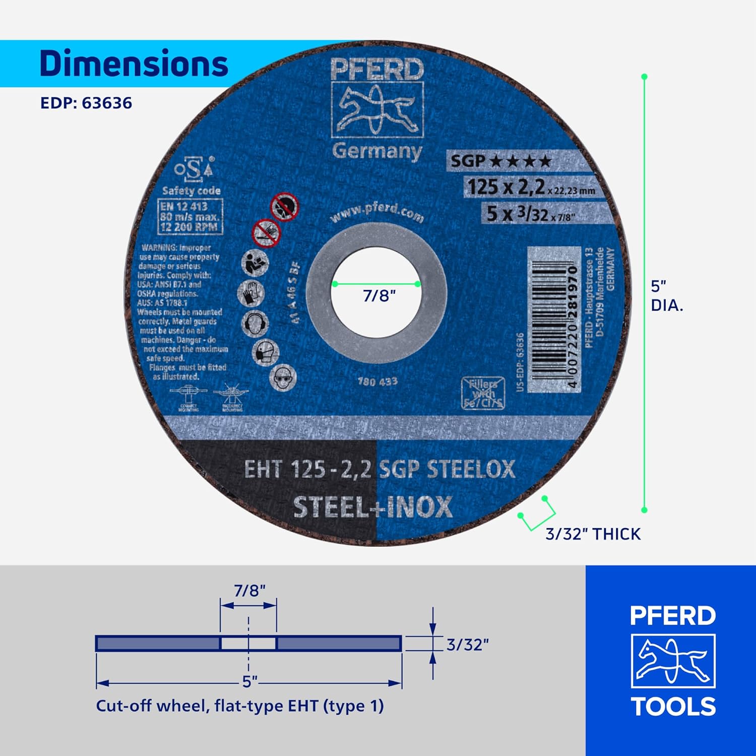 PFERD 5" Flat SGP STEELOX Cut-Off Wheel – Type 1, Aluminum Oxide, 7/8" Arbor, 3/32" Thick, 12200 RPM – High-Performance Metal Cutting Discs (Pack of 25) - Part 63636