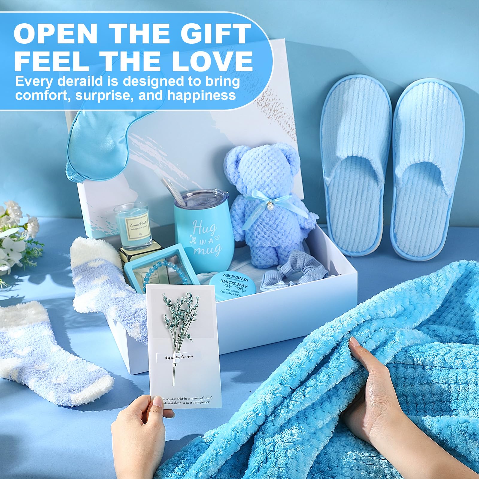 Sieral 14 Pcs Birthday Gifts for Women Care Blanket Gifts Set Spa Baskets Get Well Soon Gift Baskets Mother's Day Gift for Women Mom Her Girlfriend Sister Daughter Friend Wife Grandma(Plain,Blue)