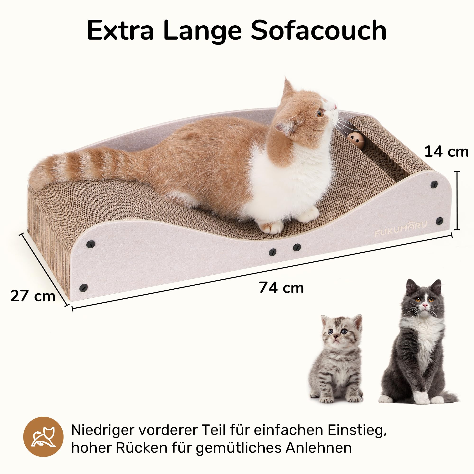 FUKUMARU Kratzbrett Katzen,74 cm langlebiges Kratzpappe und Filz, große Liege, recycelbares Katzenkratzbett aus Wellpappe mit Ball, Kamel