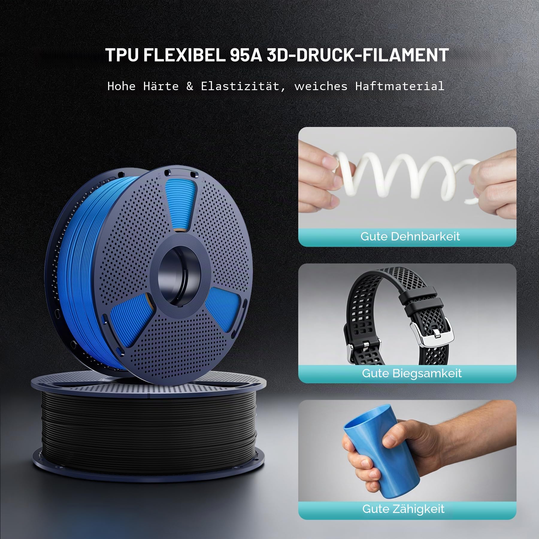 SUNLU 2KG TPU 3D Druck Filament 1.75mm, Industrietaugliches 95A Filament TPU, Verschleißfest, Flexibel, Hochelastisch und Reißfest, Maßgenauigkeit ±0.03mm, 1KG/Spule, 2 Spulen Schwarz+Weiß