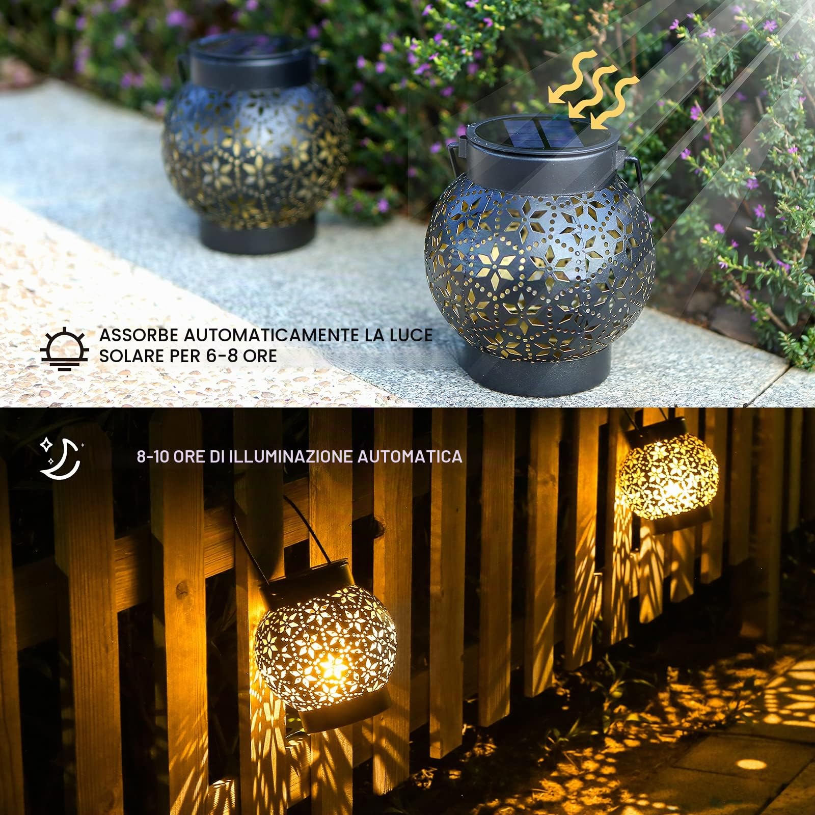 Lanterna solare per esterni, 2 pezzi, IP65, impermeabile, in metallo, per esterni, da appendere, da giardino, a LED, luce bianca calda, per esterni, balcone, Natale, colore nero
