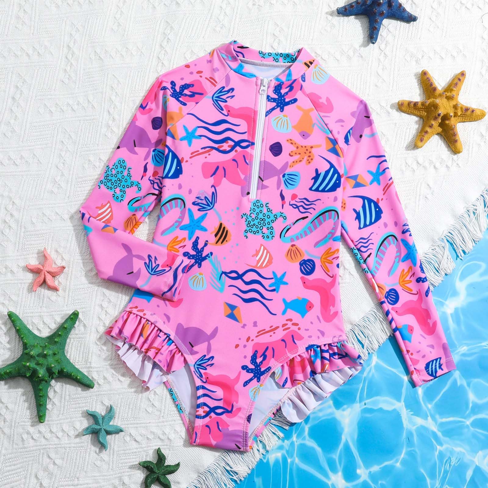Genérico Bañador Niña Natacion Traje de Baño de Manga Larga con Estampado Floral para Niñas - Bañador Entero Veraniego y Cómodo para Playa y Piscina