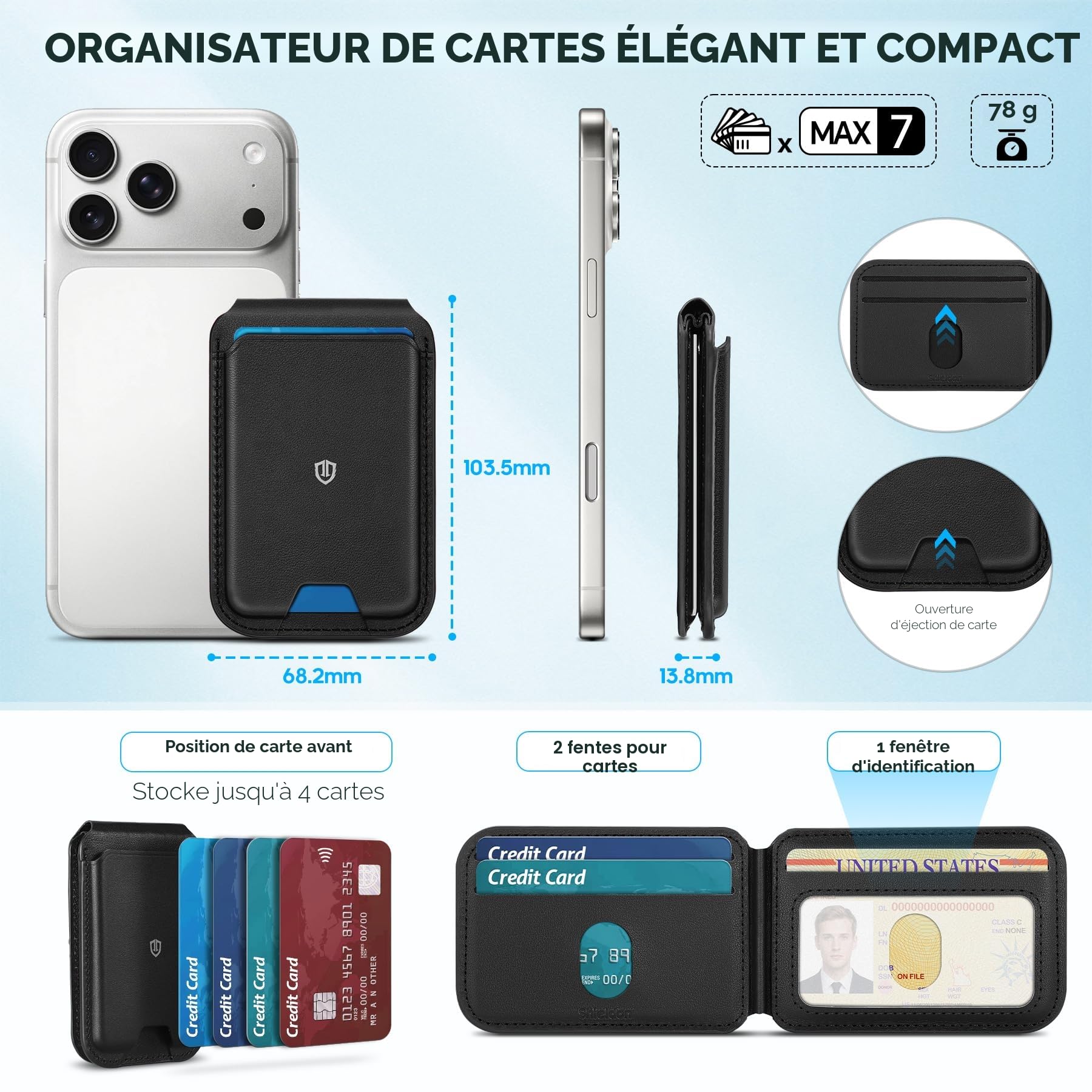 Shieldon Porte Carte pour Magsafe Wallet, Portefeuille Magnétique en Cuir Véritable, [Support Réglable][RFID Blocage][Forte Adhérence] Porte-Cartes Adhésifs pour iPhone Série 17/16/15/14/13/12 - Noir