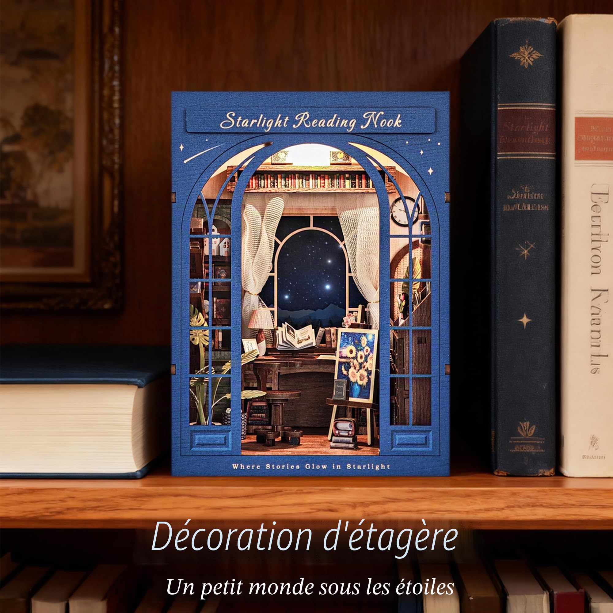 DolphinIsle - Kits de coin de lecture pour adultes, décor de bibliothèque DIY Booknook 3D en bois avec puzzle étoiles et coin lecture scintillant avec ciel étoilé