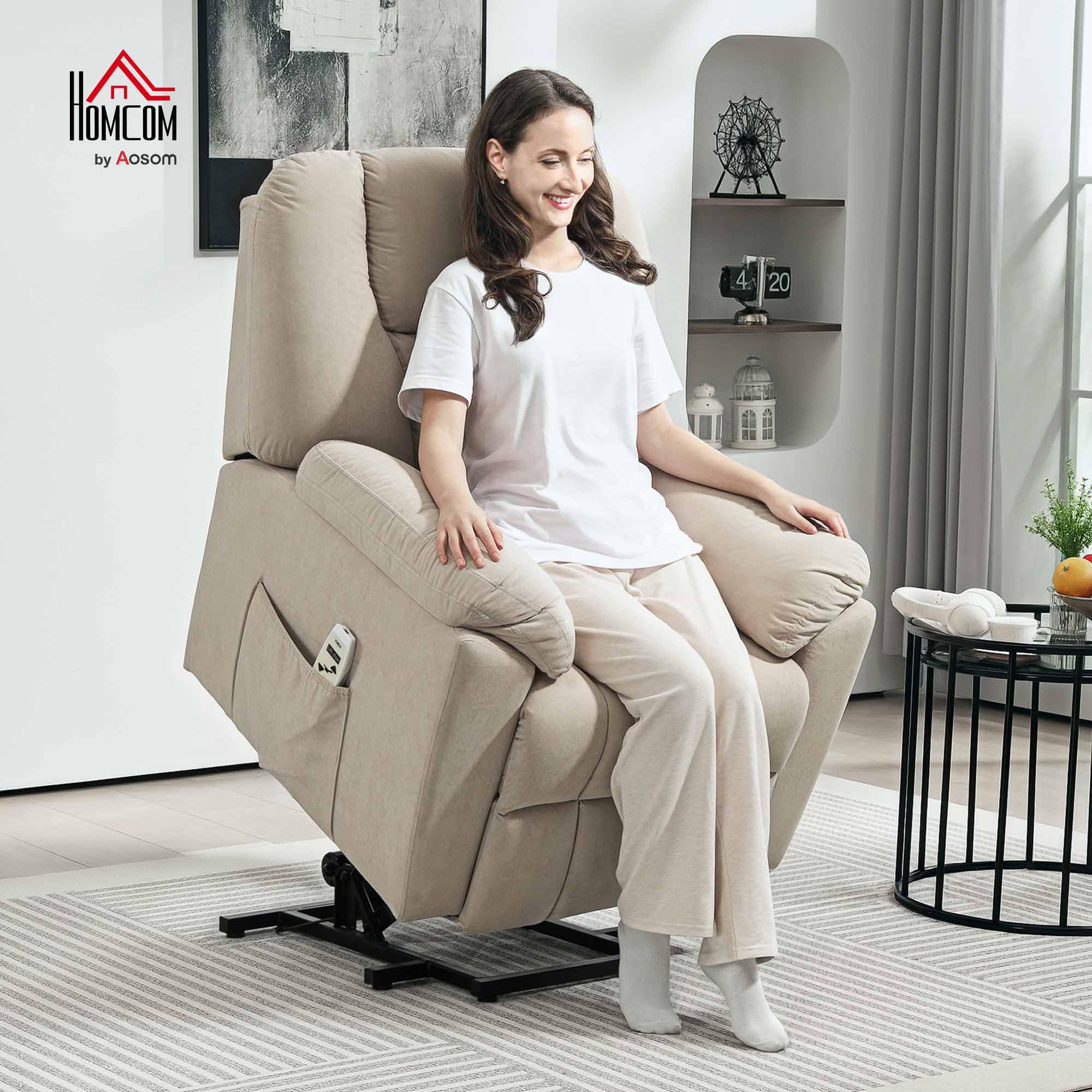 HOMCOM Fauteuil releveur électrique avec fonction massage et chauffage, fauteuil relax électrique en velours, dossier inclinable, ports USB, télécommande, fauteuil relaxant pour personnes âgées, beige