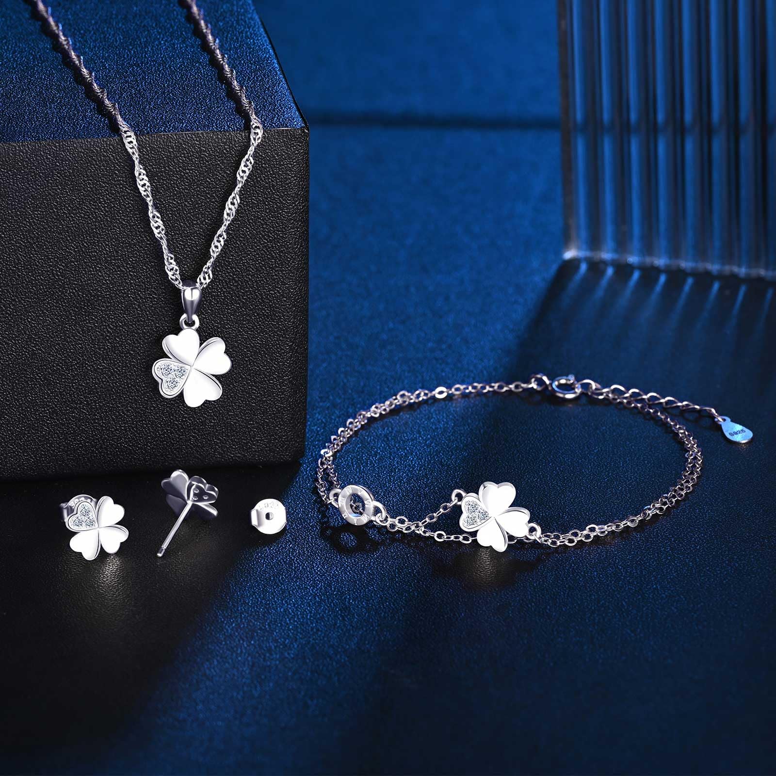 Conjunto joyas de 3 piezas, collar de plata trébol para mujer, pulsera de cadena trébol, y pendientes de trébol para niña, plata de ley 925 juegos de joyas para novia mamá hija fiesta