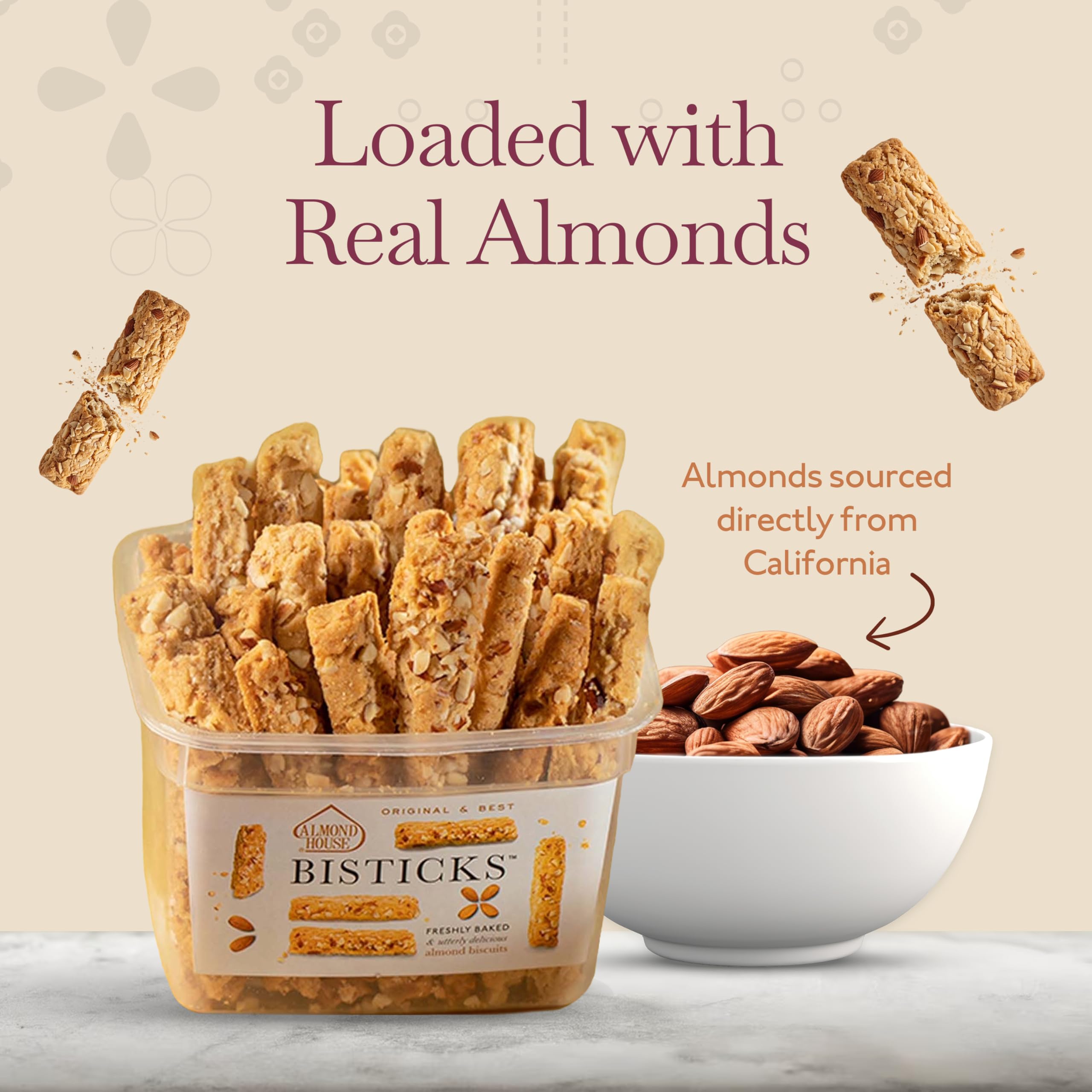 Almond House Bisticks- Signature Cookies | 100% Vegetarian, Low Sugar | Almond Biscotti | Almond Fingers | Biscuit sticks | Tea Time Snack | Ideal for Gifting | Ready To Eat | Pack of 500gm 3