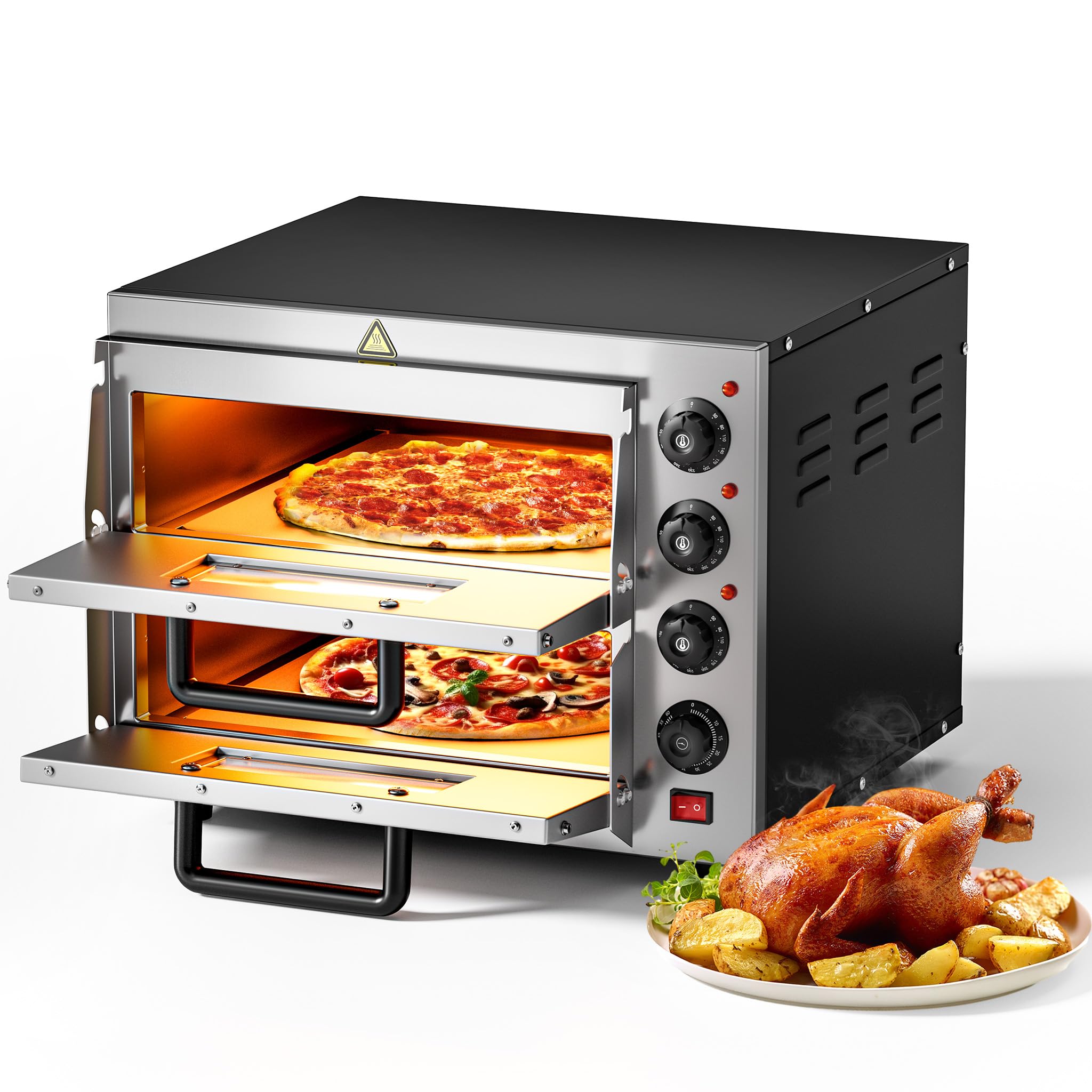 Wiltec Four à Pizza électrique 2 étages – 3000 W – 570 x 560 x 440 mm – avec Pierre réfractaire alimentaire en cordiérite – Matériel de gastronomie cuisine, Appareil cuisson