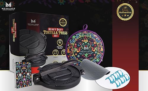 Miniatura 9 de MOVALUXE - Tortilla Prensa de Tortillas de Hierro Fundido de 10 pulgadas. Un set de regalo con una bolsa más caliente, 6 soportes para tacos, papel