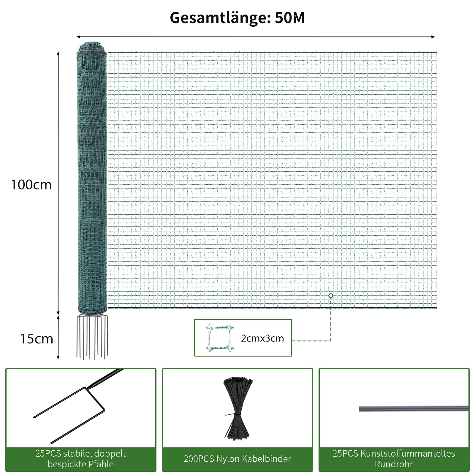Hühnerzaun 50m L x 100cm H - Nylon Geflügelnetz Engmaschig, Stabil & Langlebig - Mobiler Hundezaun Steckzaun Haustierzaun Begrenzungszaun Katzenzaun - Freilaufgehege Hühner