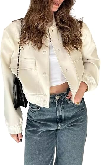 InterNos Womens Cropped Bomber Jacket Lightweight Classic Button Varsity Jacket Streetwear