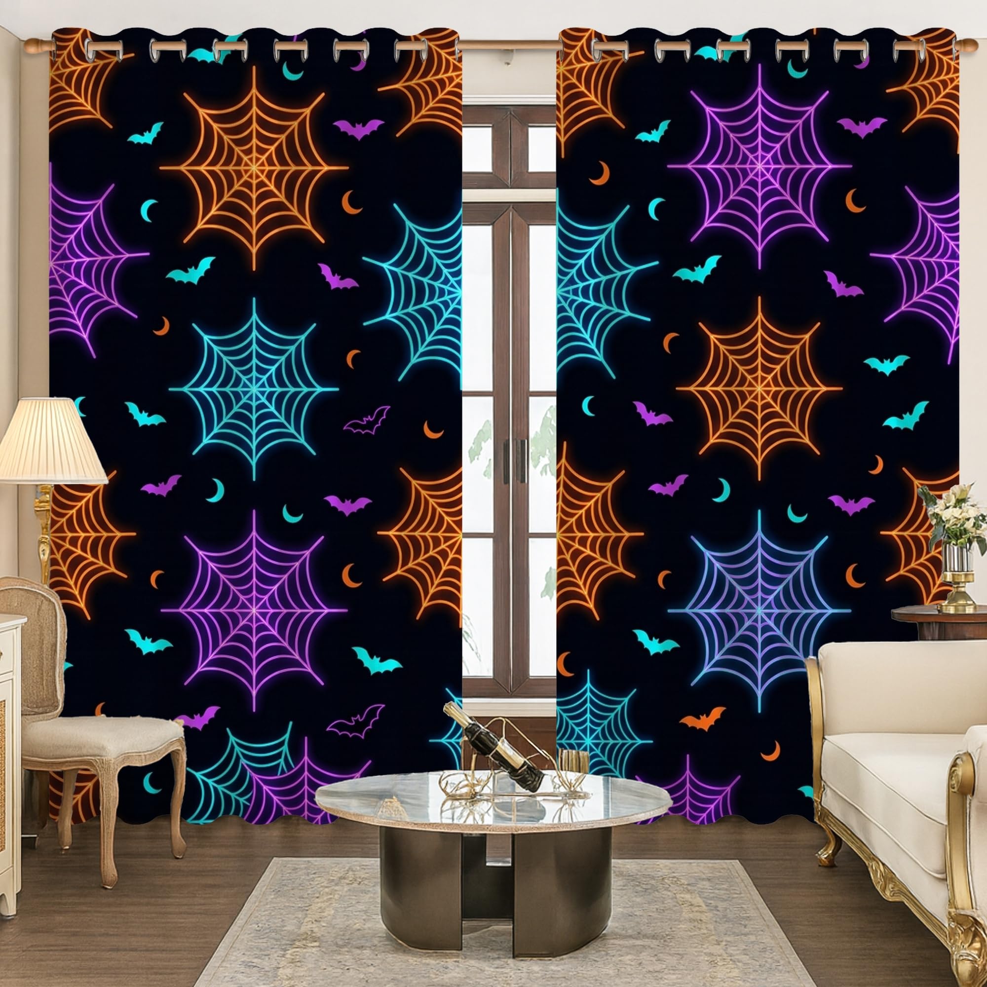 Cortinas opacas de telaraña, murciélago espeluznante, violeta, Halloween, negro, sin arrugas, para decoración de sala de estar, cocina, 52 x 95 pulgadas