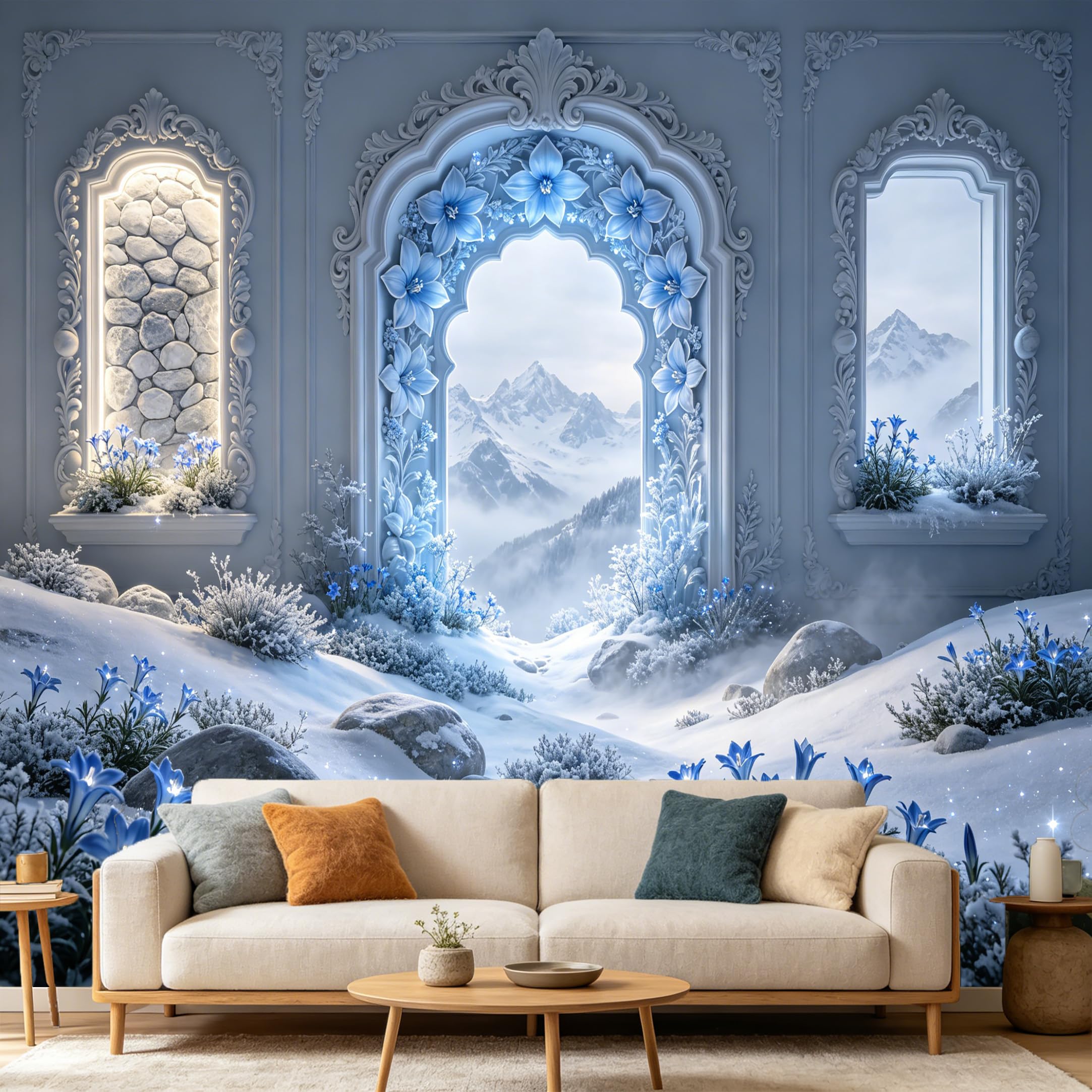 Custom Size Wall Mural， 3D Winter Snowy Mountain Archway Blue Flowers， SelfAdhesive Art Prints wall Fabric Removable Large Wallpaper Home Living Room Decor