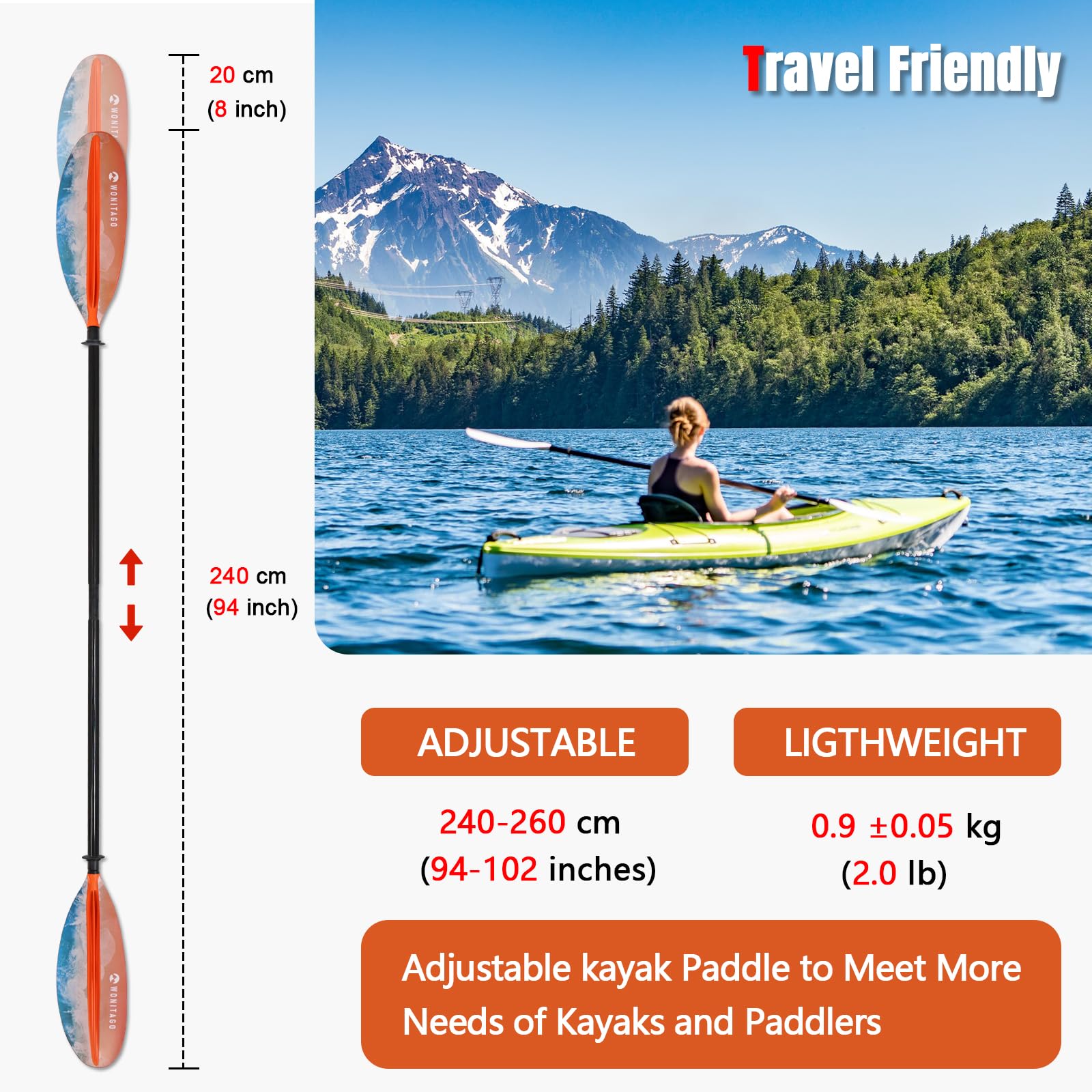 Kajak-Paddel Premium-Kohlefaser-Paddel mit verstärktem PP + Fiberglas-Klinge, schwimmende, verstellbare Kajak-Ruder, 3-teilig, 220-240 cm, 240-260 cm
