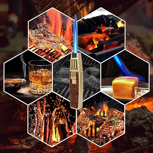 Miniatura 6 de Encendedor de butano, soplete de soldadura, estilo oro caoba, linterna de cocina recargable, resistente al viento, llama ajustable, soplete solar