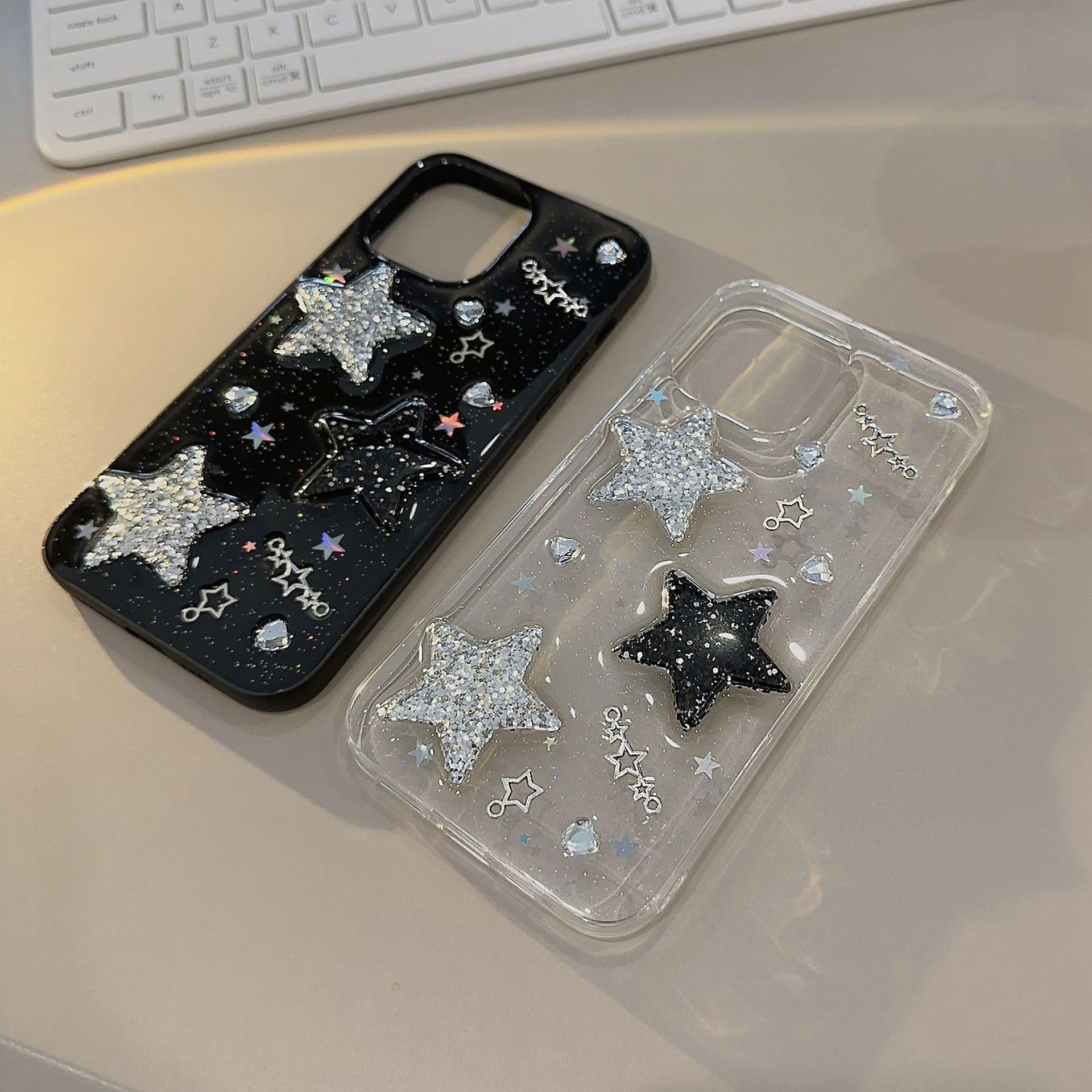 Funda para teléfono Starry Glitter para iPhone 15 14 13 12 11 Pro MAX X XR Xsmax 7 8 Plus Transparente Negra con Estrellas 3D y Diamantes de Imitación (para iPhone 11/830-negro)