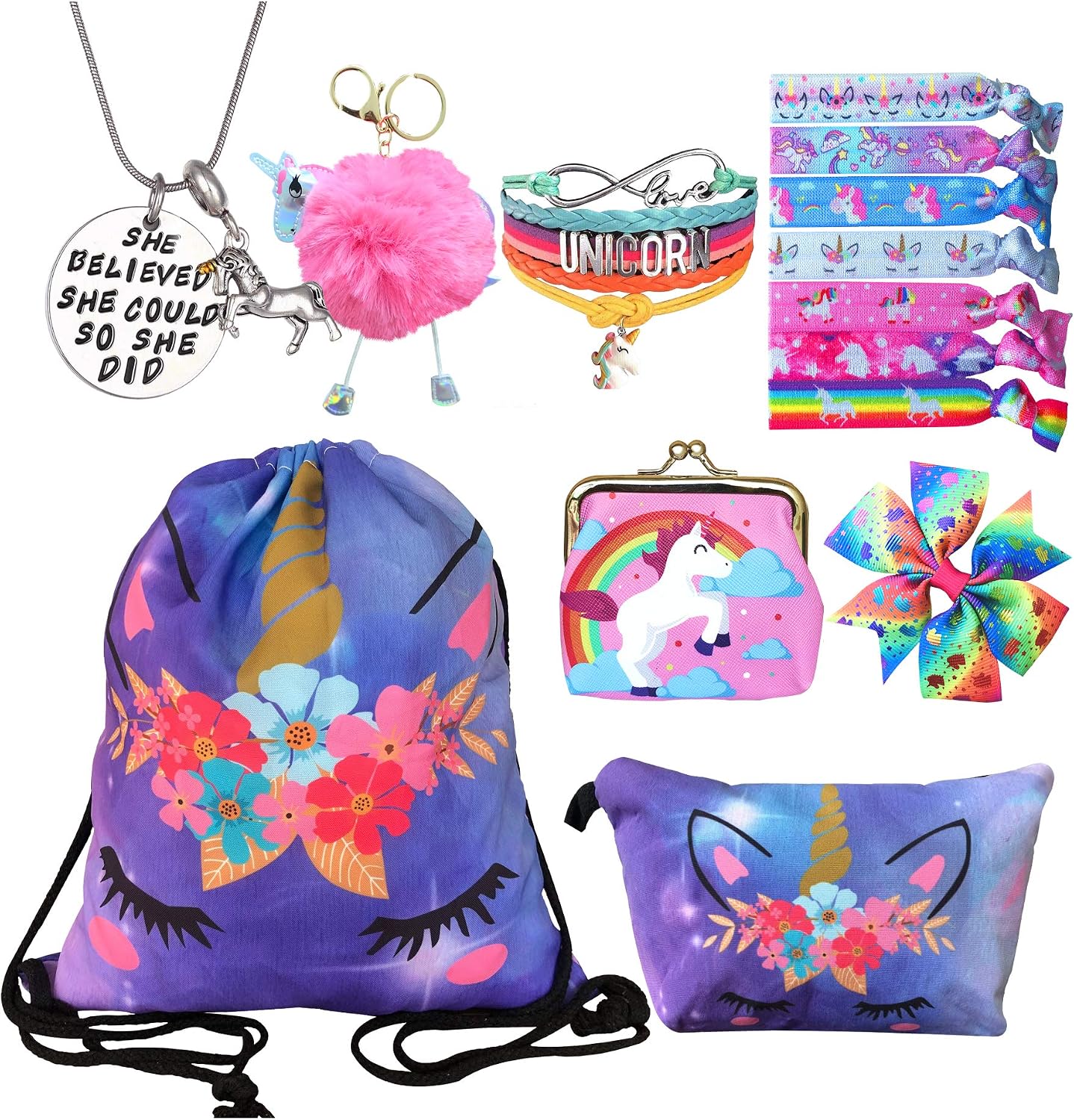 Unicorn Gifts for Girls - Unicorn Drawstring Backpack/Makeup Bag/Bracelet/Necklace/Hair Ties/Keychain/Sticker (Purple Flower 3)