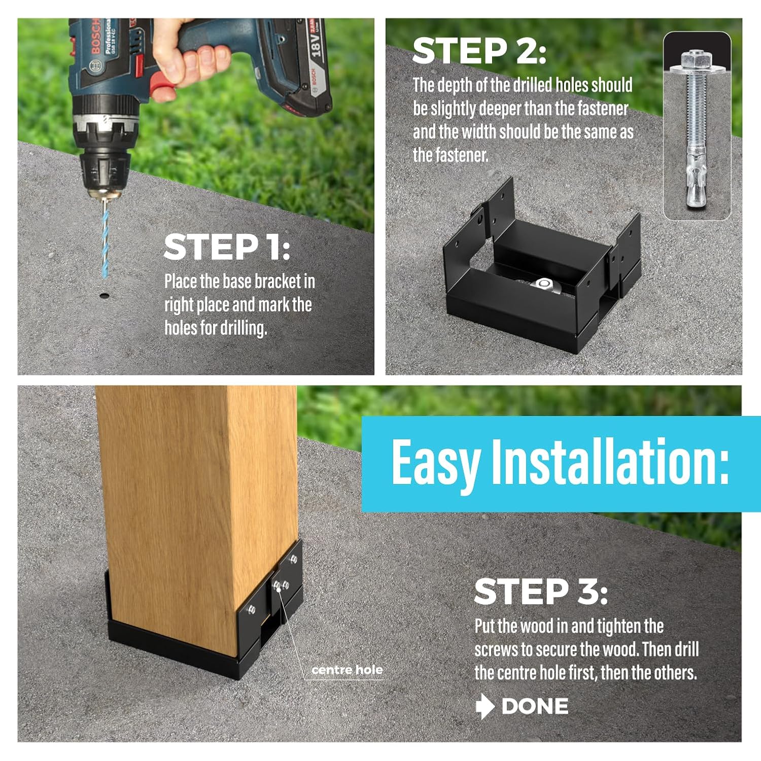 6x6 Deck Post Base for Concrete, Inner Size 5.5"x5.5" Deck Post Base, Post Base Holder with 1" Standoff for Decks, Pergolas, Porches (Black - Set 6)