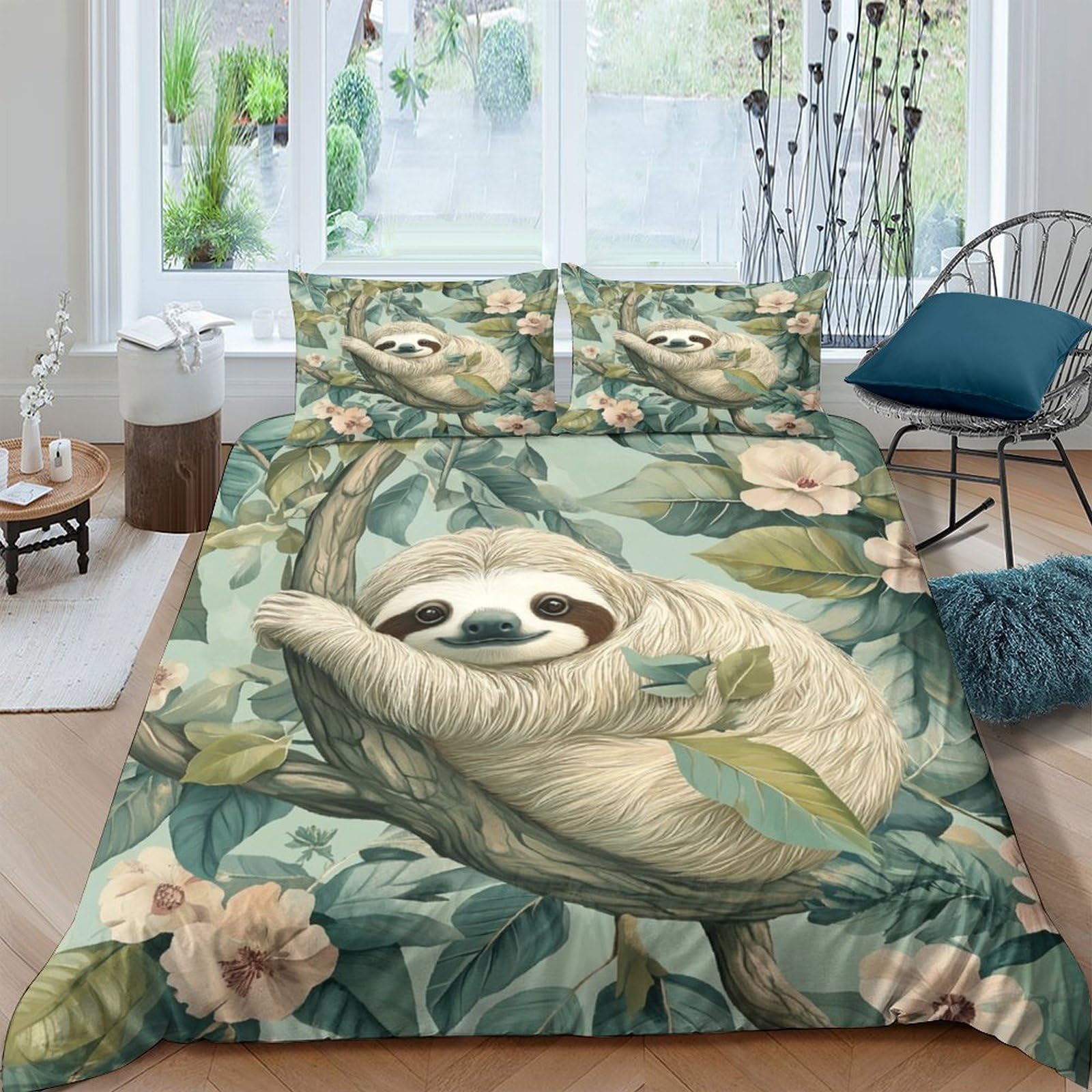 Ctjqhvkz Style-9 3D Printed Sloth Jungle Fitted Sheet Microfiber Anti-Slip Floral Mattress Cover For Bedroom Guest Room Easy Care Decor Single（135X200cm）