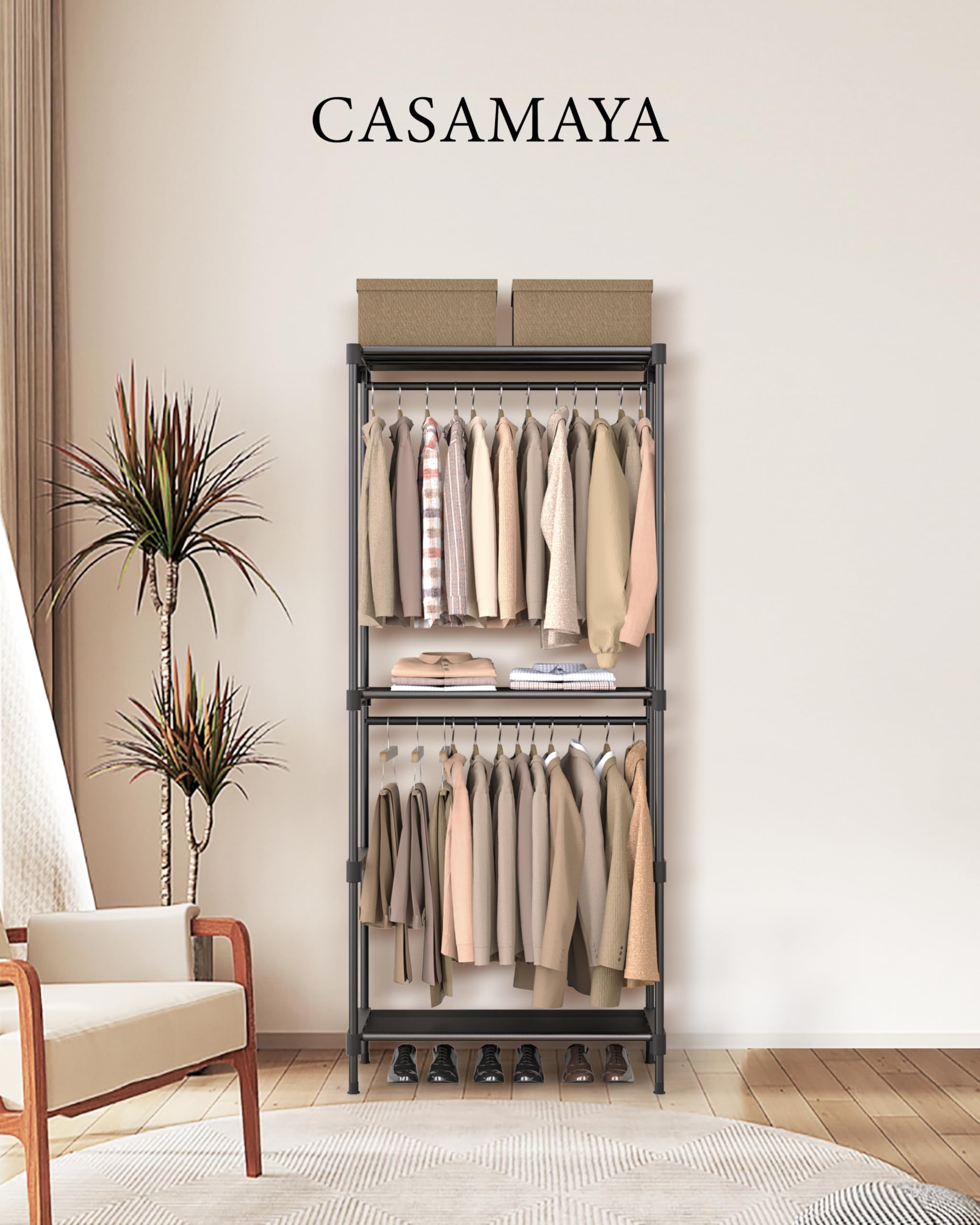 CASAMAYA Armario portátil, armario de gran capacidad de 27.6 pulgadas, organizador de almacenamiento de ropa con estantes y 2 varillas para colgar, fácil de montar, negro PCT001B01