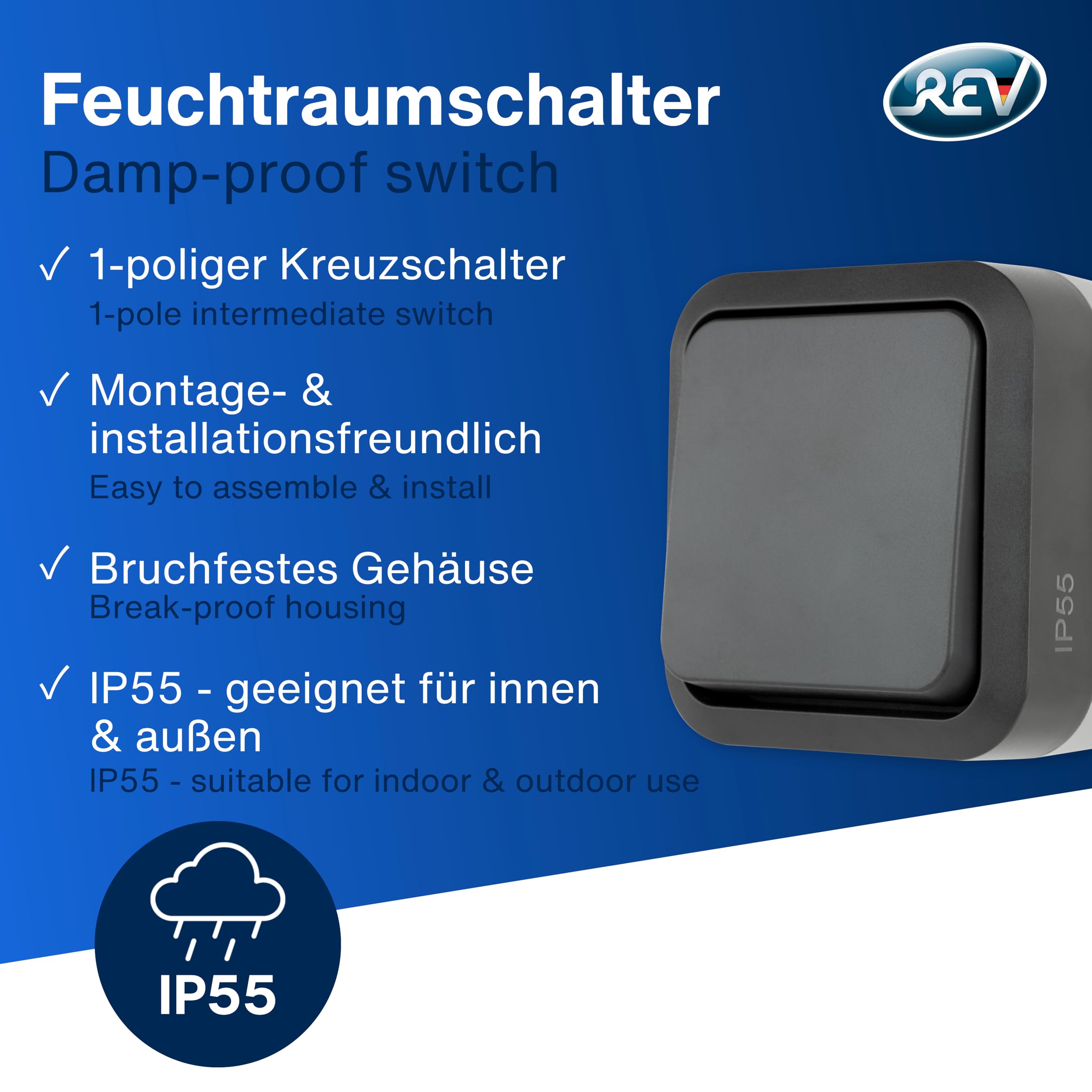 REV 0004340400 AquaStorm Cross Switch - Wet Room Switch IP55, Single Pole, Surface-Mounted, Anthracite, Grau, 1x Kreuzschalter - Image 2