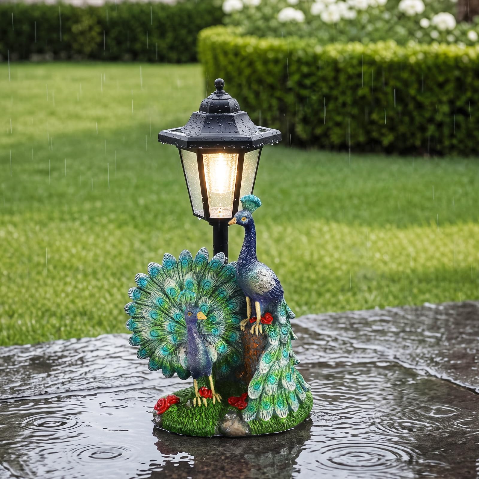 Lámpara solar de jardín decorativa con dos pavos reales, IP44, luz cálida